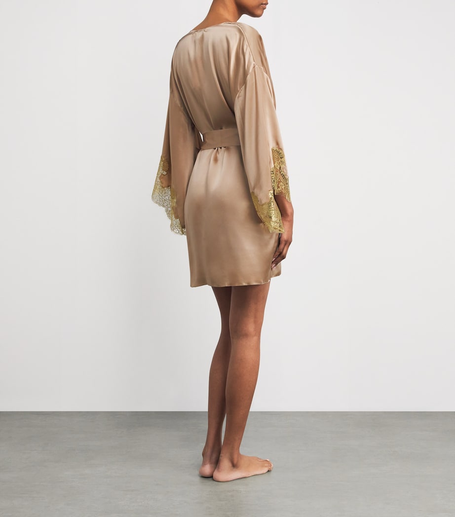 Silk Lace-Trim Gina Short Robe ALMOND/GOLD Image 3