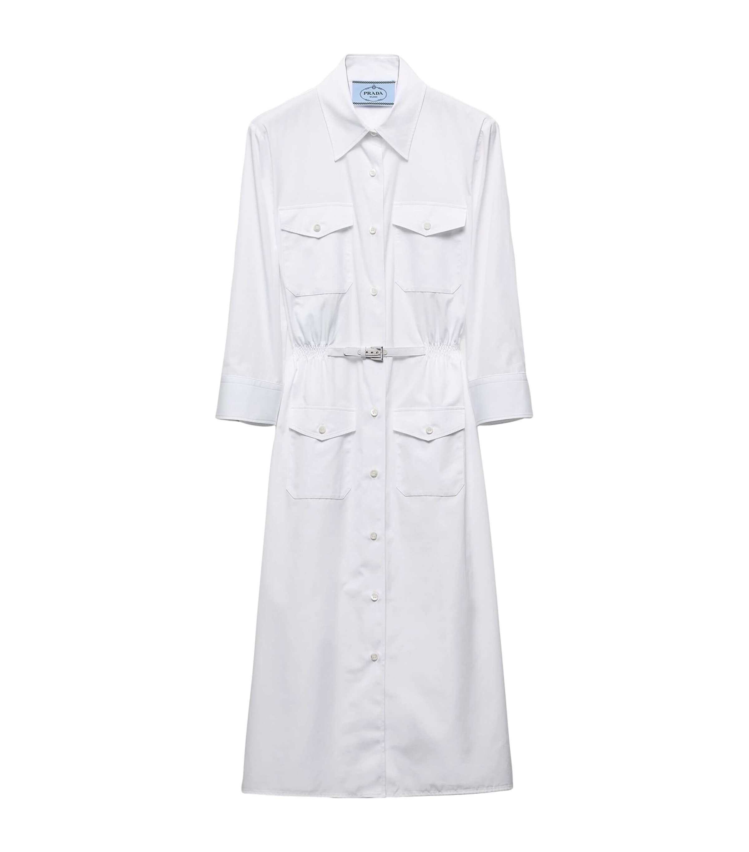 Prada Button Down Belted Poplin Midi Shirt Dress In White