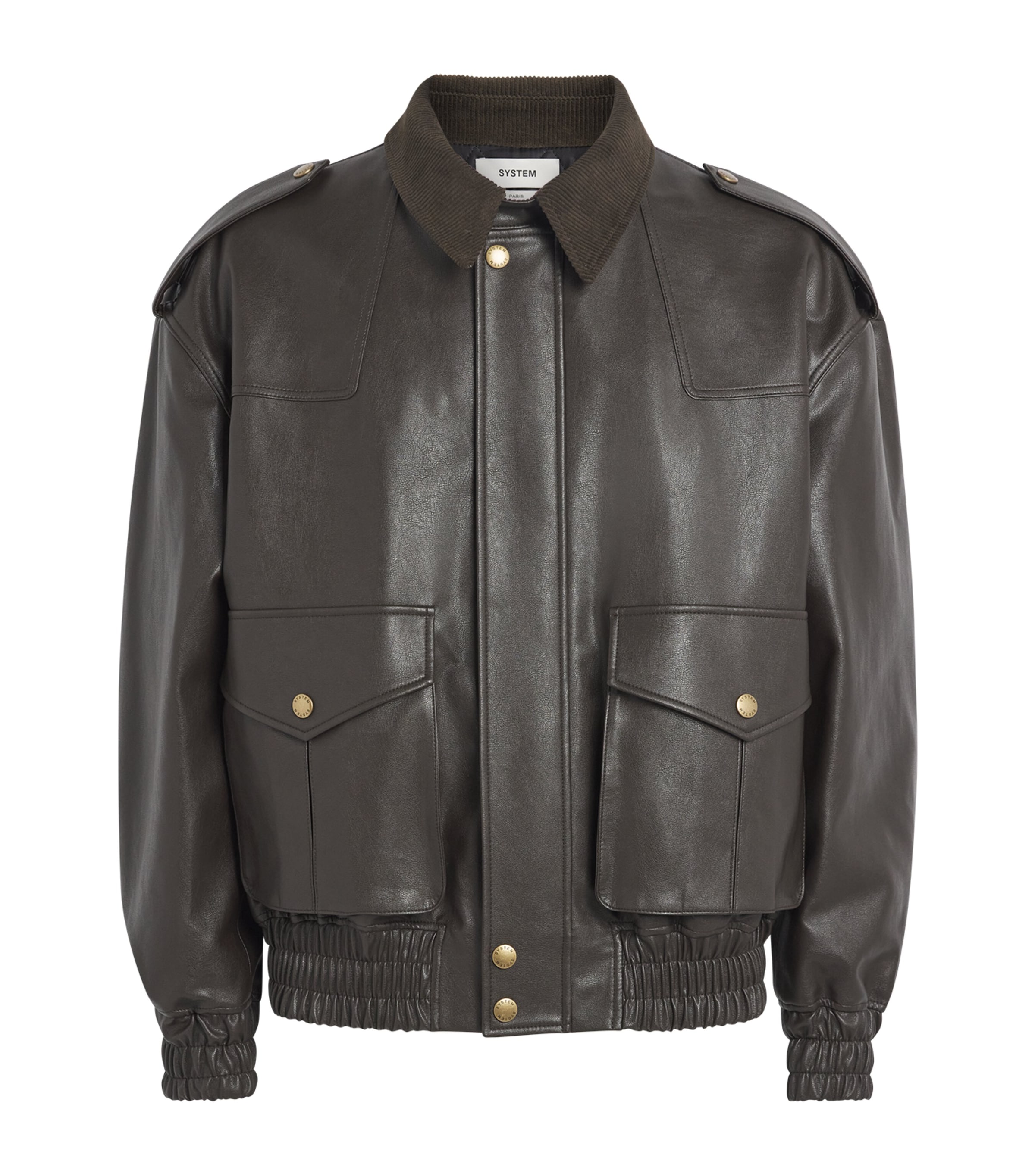 System Mens Faux Leather Bomber Jacket Dark Brown Db Image 1