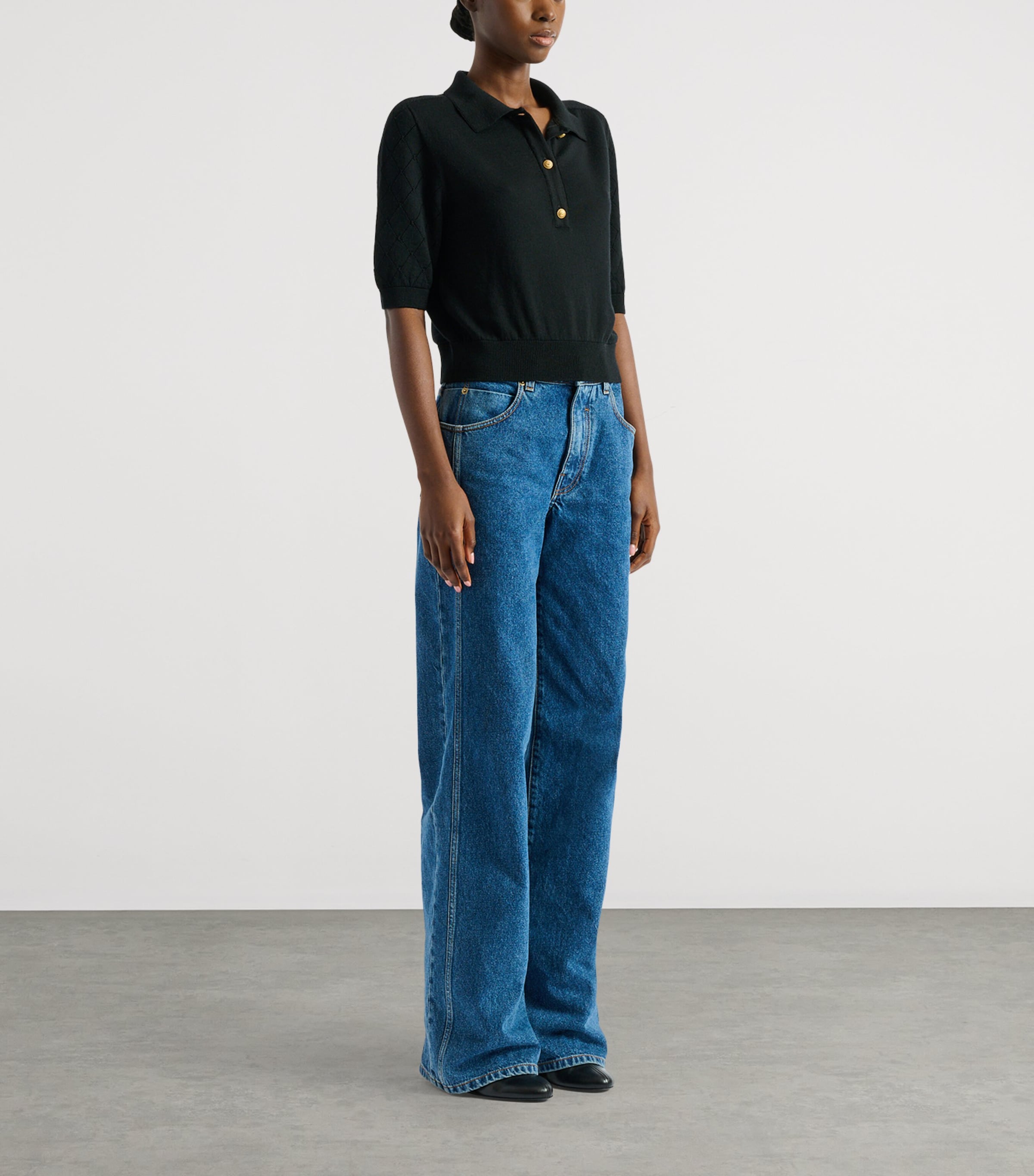 Balmain Womens Merino Wool Openwork Crop Polo Shirt Noir Image 2