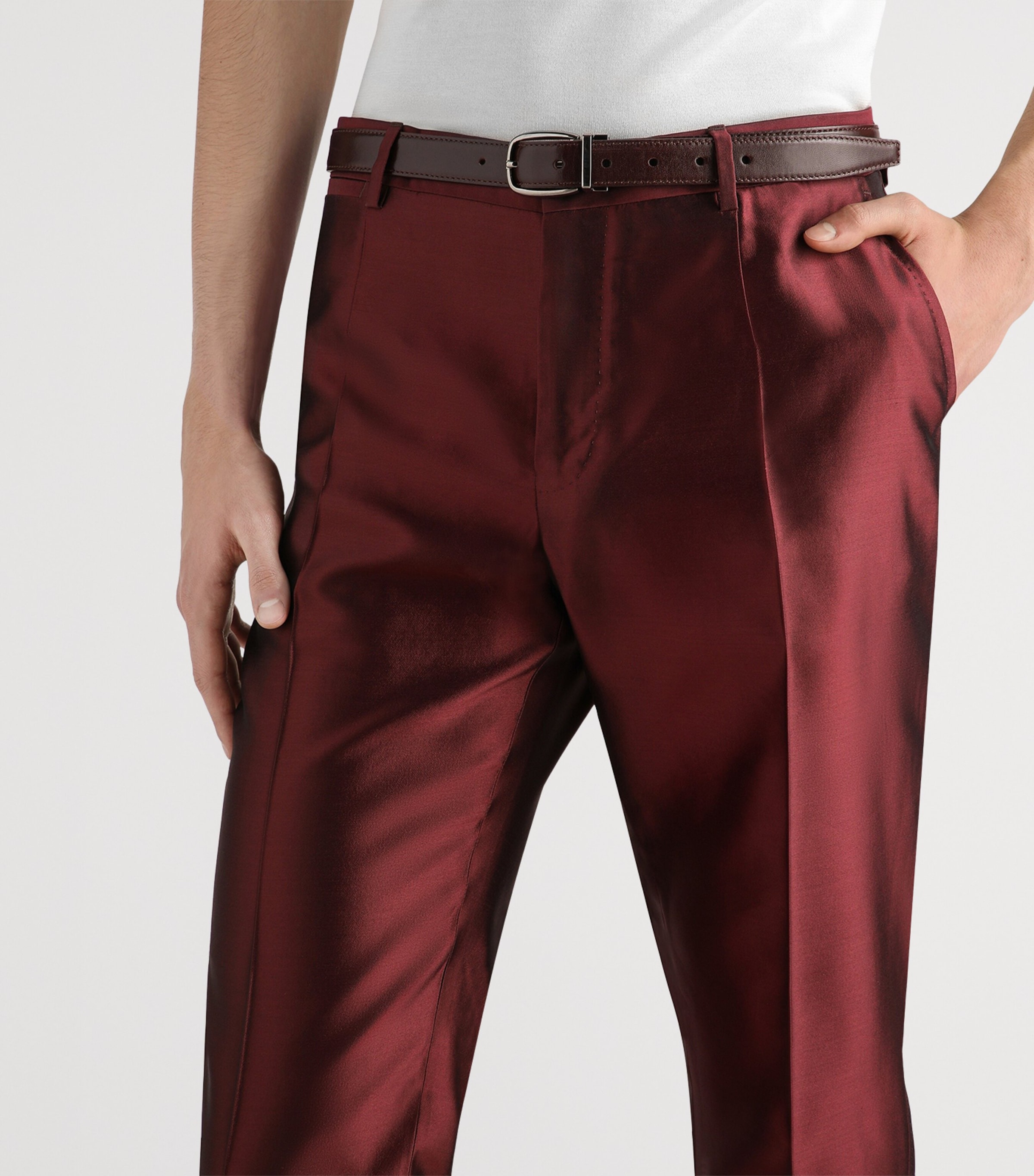 Dolce&Gabbana Mens Silk Cropped Tailored Trousers Wine Image 5