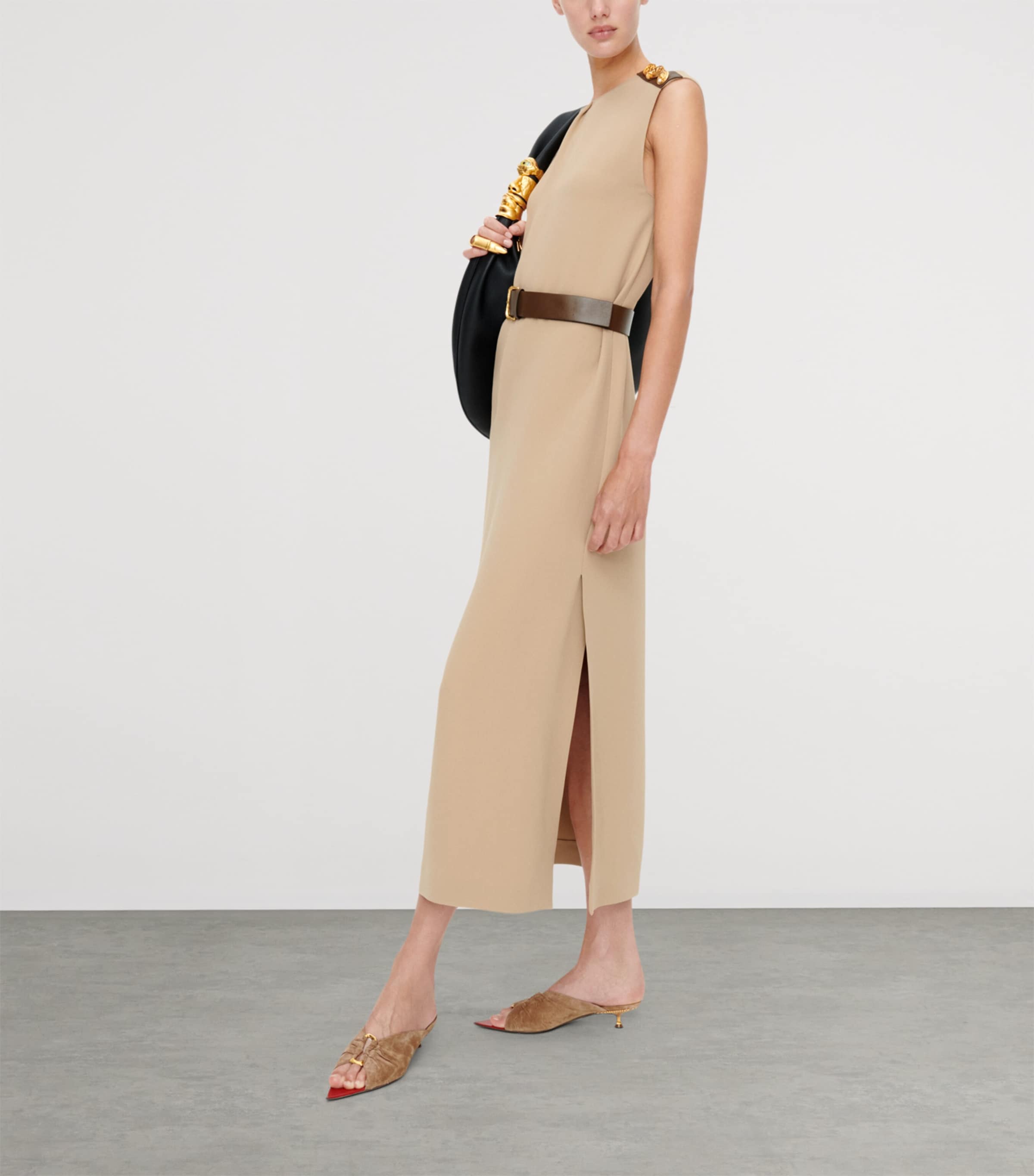 Schiaparelli Womens Crepe Leather-Trim Midi Dress Beige Image 3
