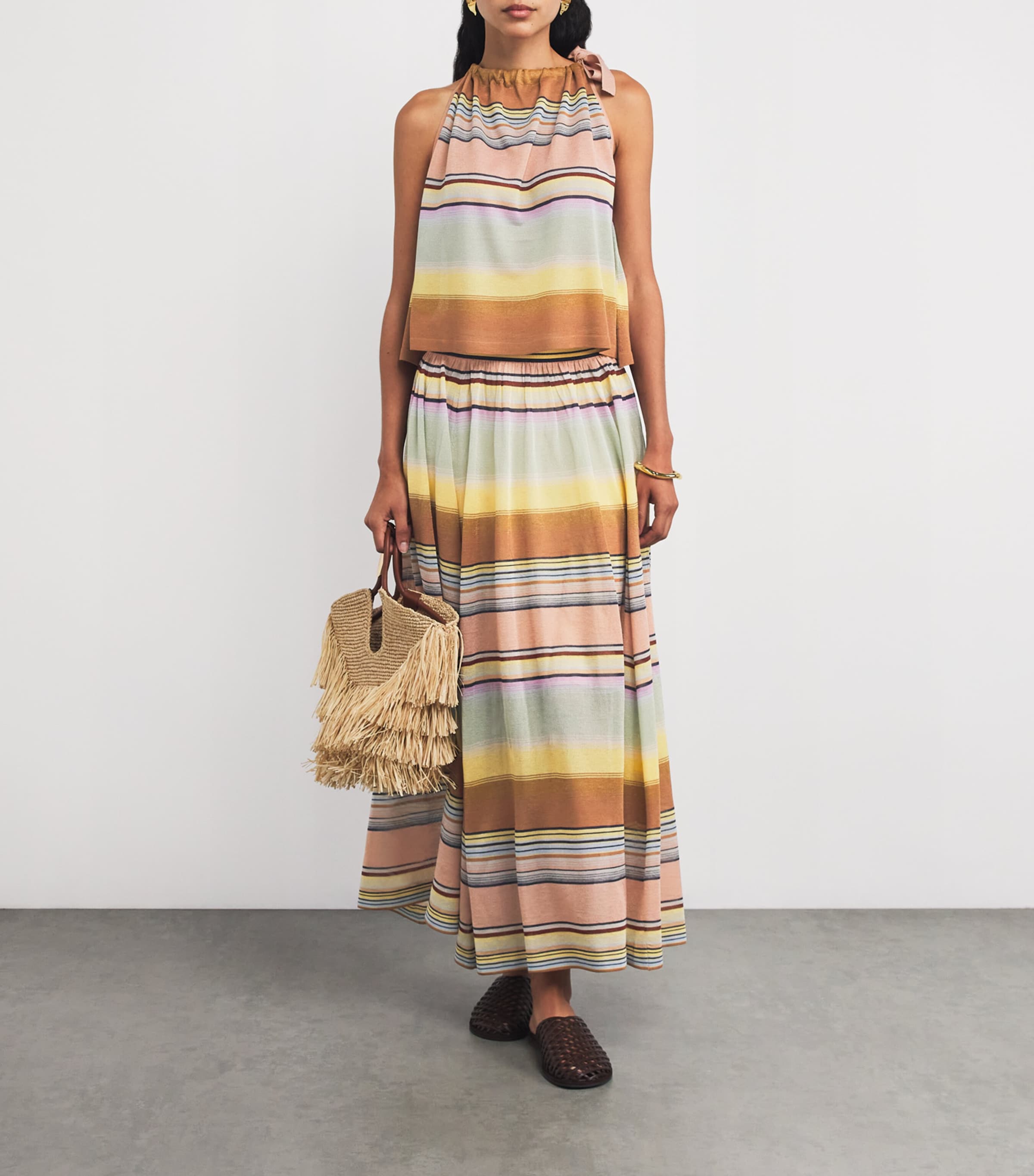 【AAKE】STRIPE MAXI SK ZXSXSY Women Floral Print Striped High Waist Boho Maxi Skirt