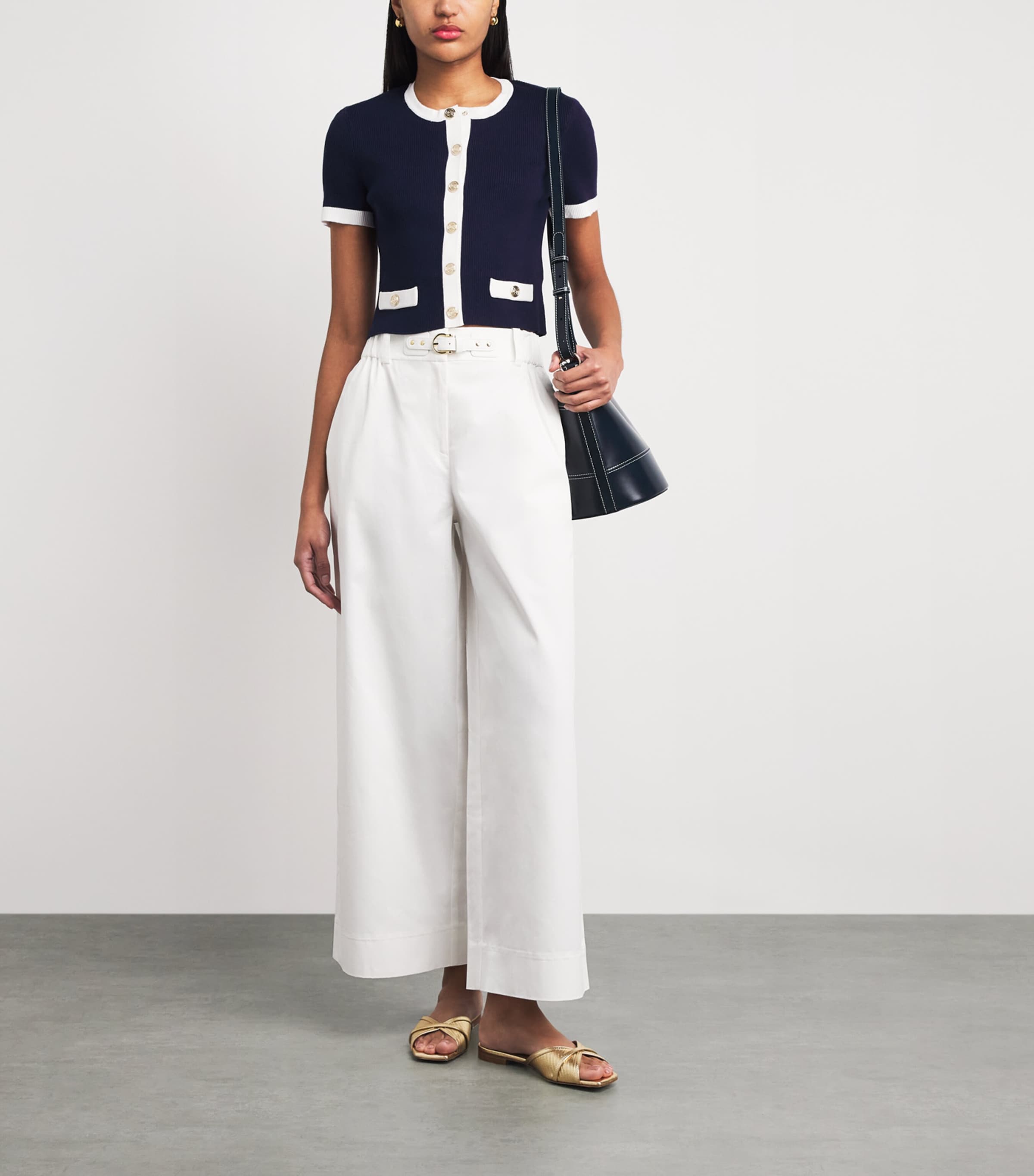 Maje Womens Contrast-Trim Cropped Cardigan Navy / Ecru Image 2