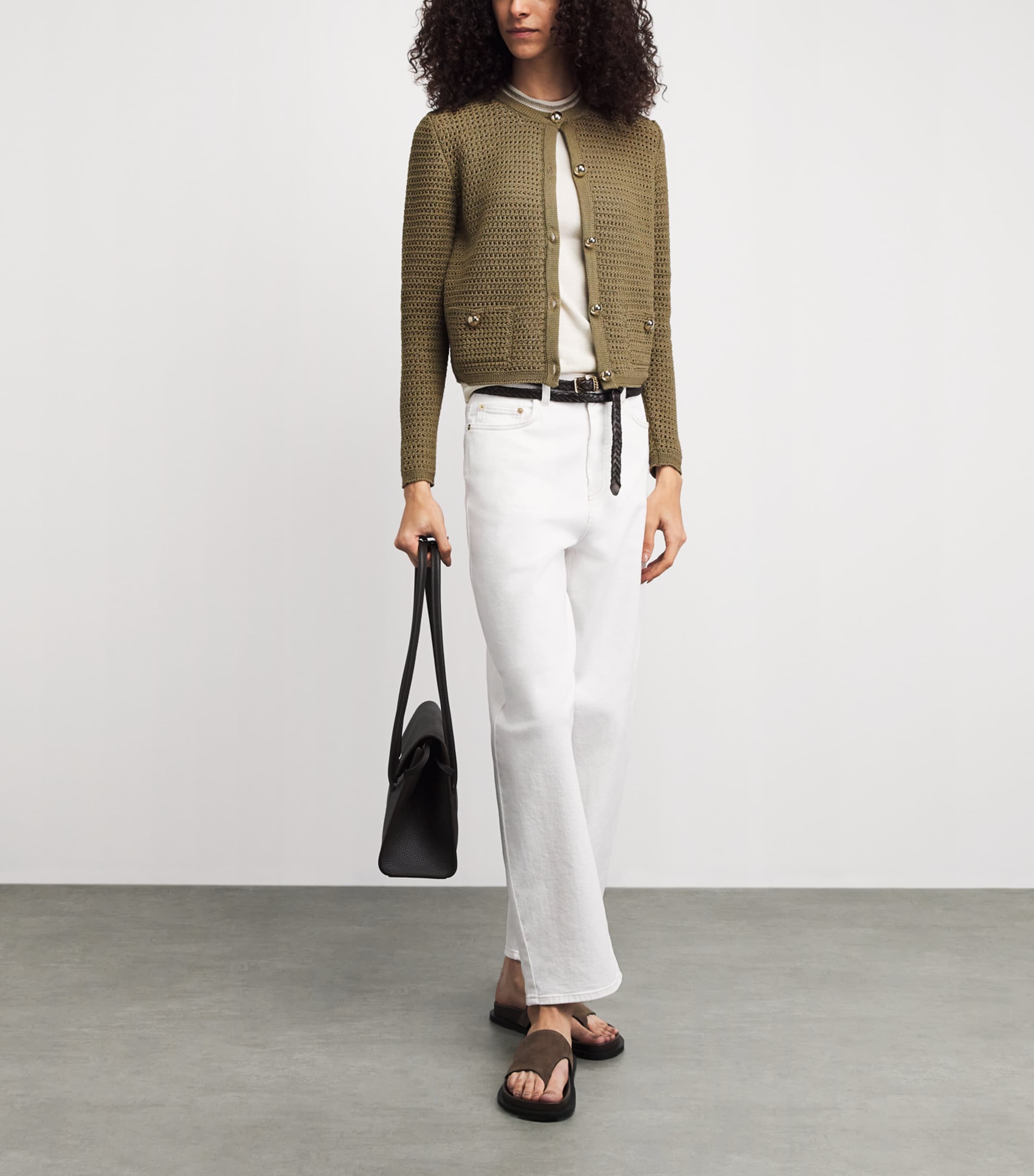 Fabiana Filippi Womens Cotton Open-Knit Cardigan Kaki Image 2