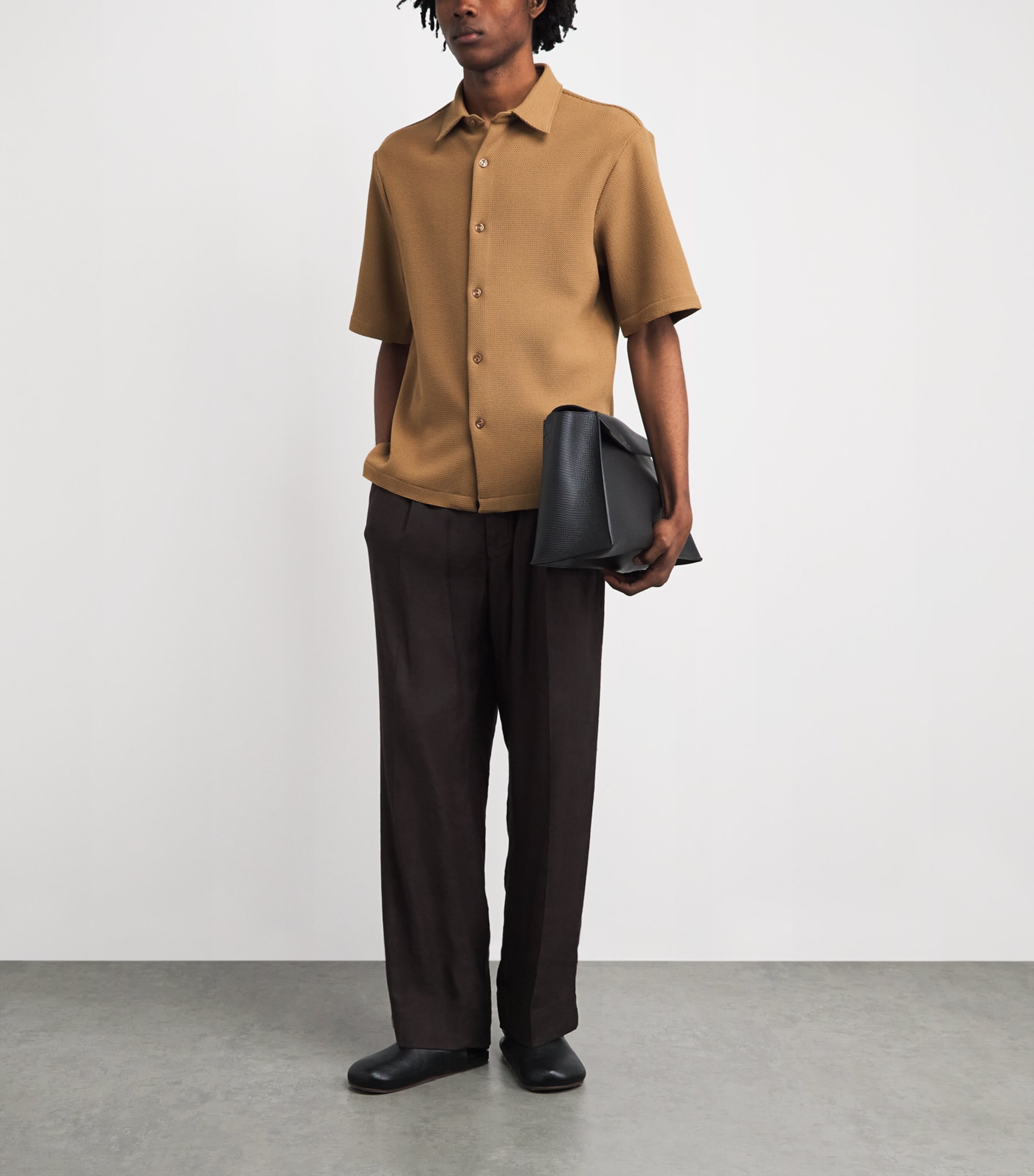 Sandro Paris Mens Knitted Short-Sleeve Shirt Camel Image 2