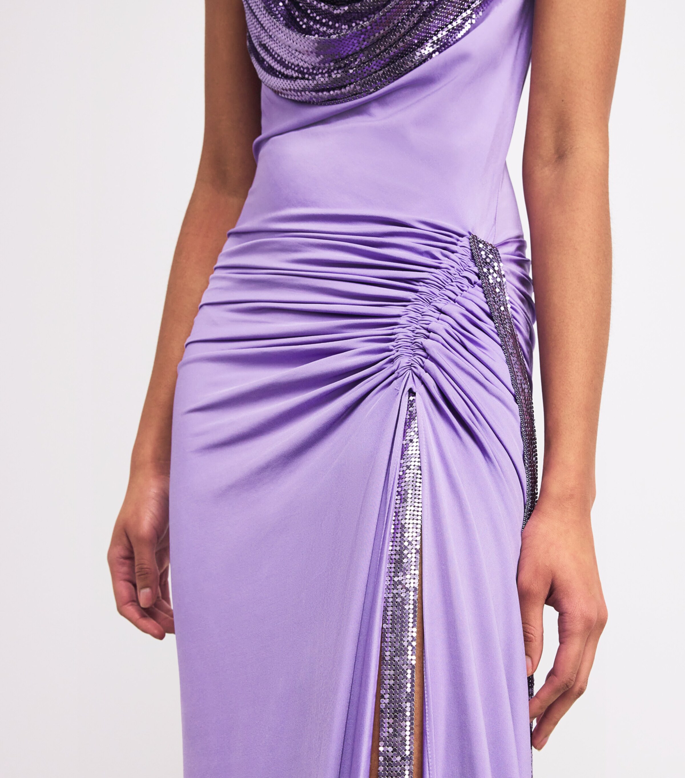 rabanne purple dress Rabanne Button-Embellished Stretch-Satin Halter Dress