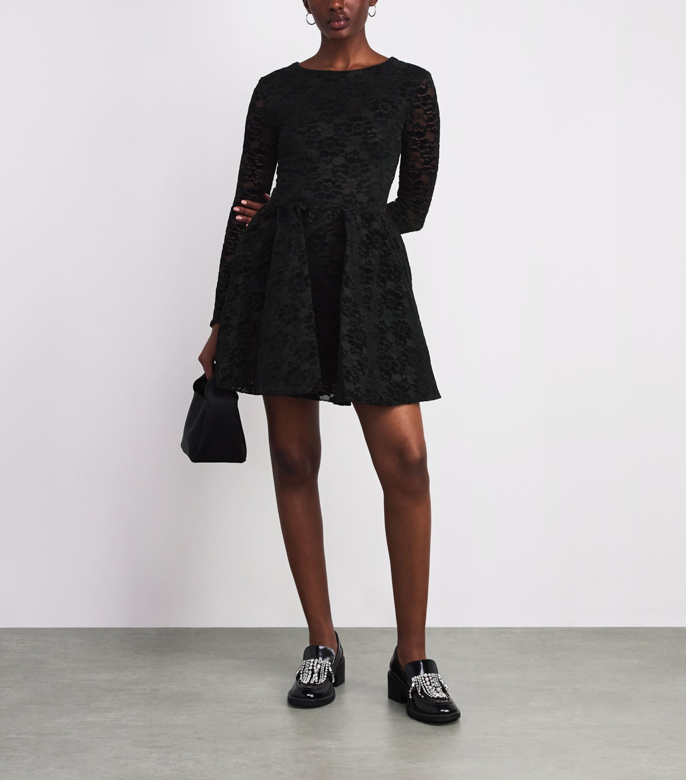 Velvet-Lace Mini Dress BLACK Image 2