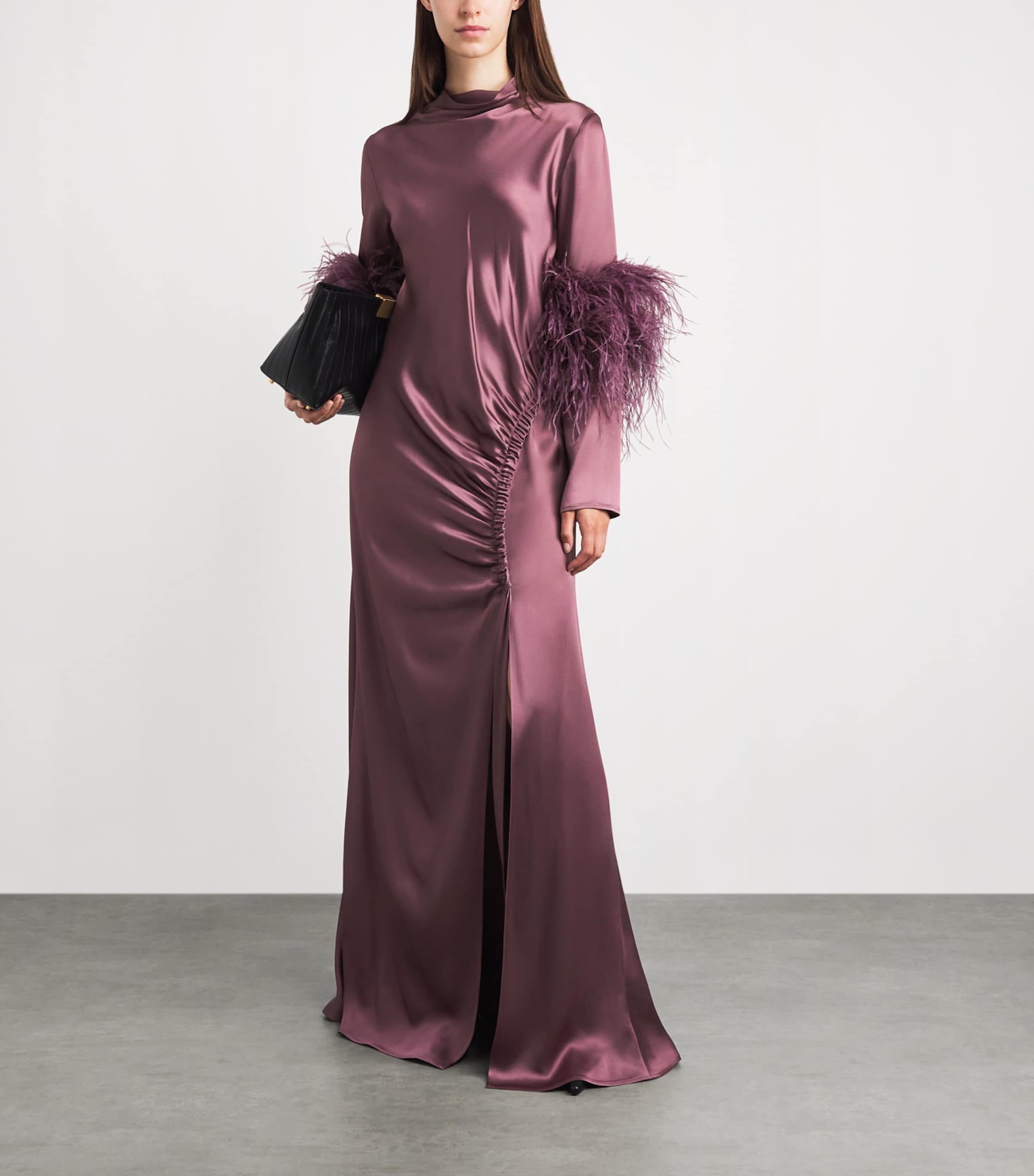 LAPOINTE Womens Satin Feather-Trimmed Gown Dark Mauve Image 2