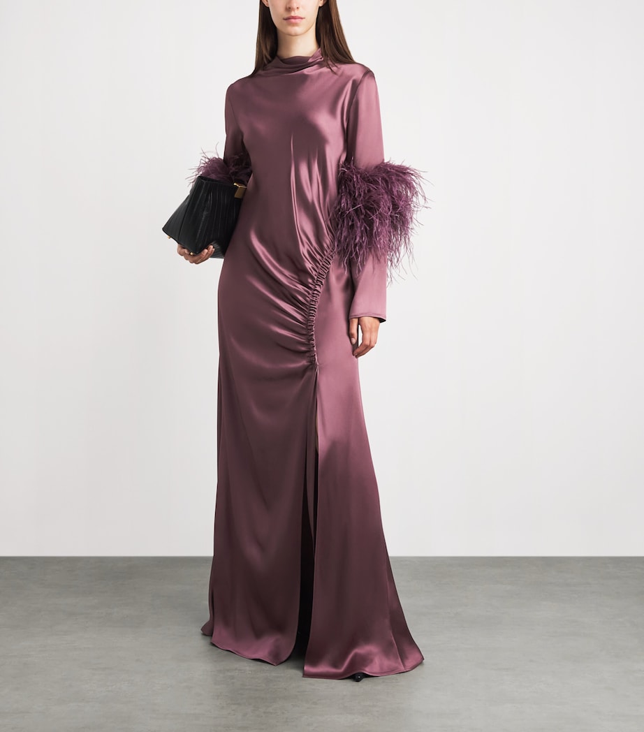 LAPOINTE Womens Satin Feather-Trimmed Gown Dark Mauve Image 2