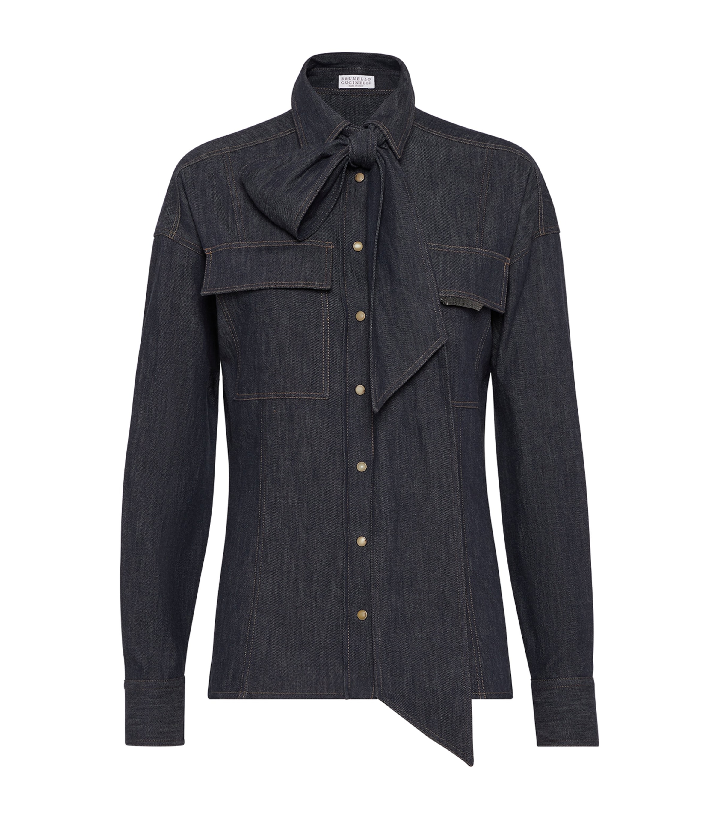 Brunello Cucinelli Denim Pussybow Shirt In Blue