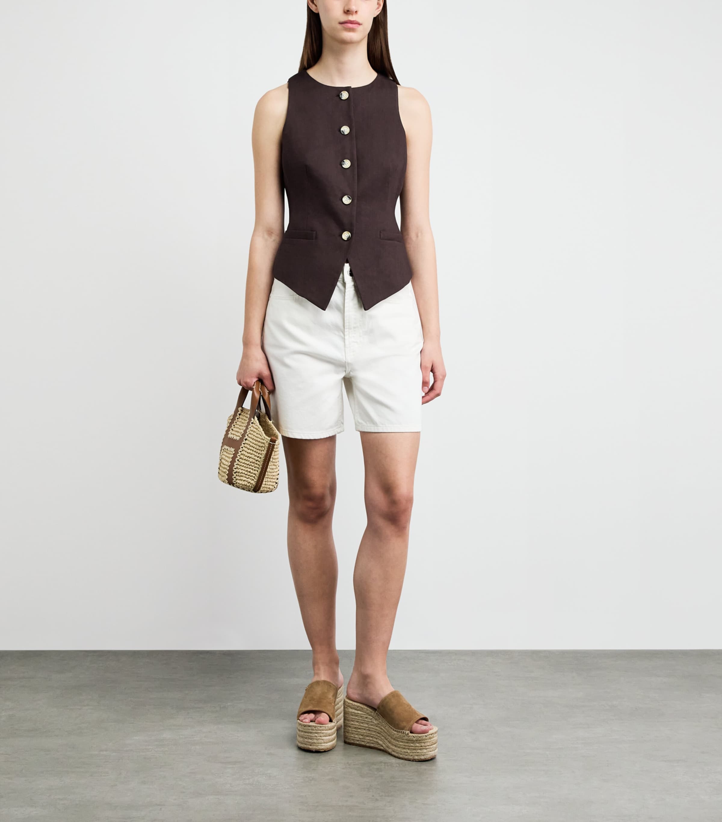 Veronica Beard Womens Linen-Blend Hartwell Waistcoat Dark Mocha Image 2