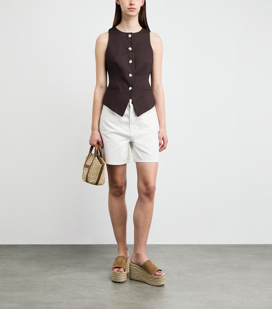 Veronica Beard Womens Linen-Blend Hartwell Waistcoat Dark Mocha Image 2