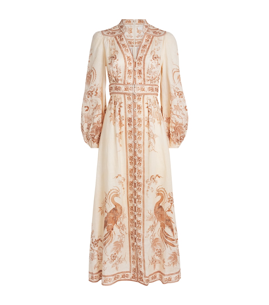 Zimmermann Womens Linen Indra Plunge Midi Dress Cream Tan Floral Image 1