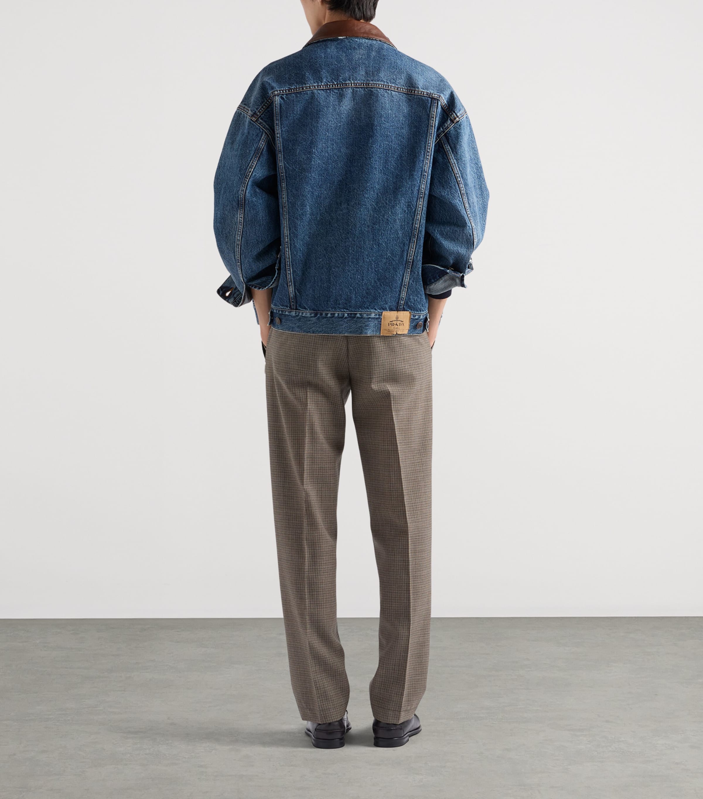 Prada Mens Leather-Collar Denim Jacket Blue Image 5