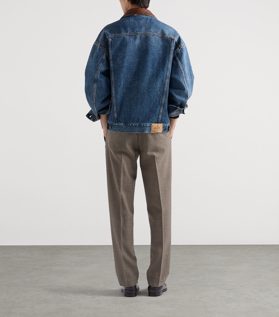 Prada Mens Leather-Collar Denim Jacket Blue Image 5