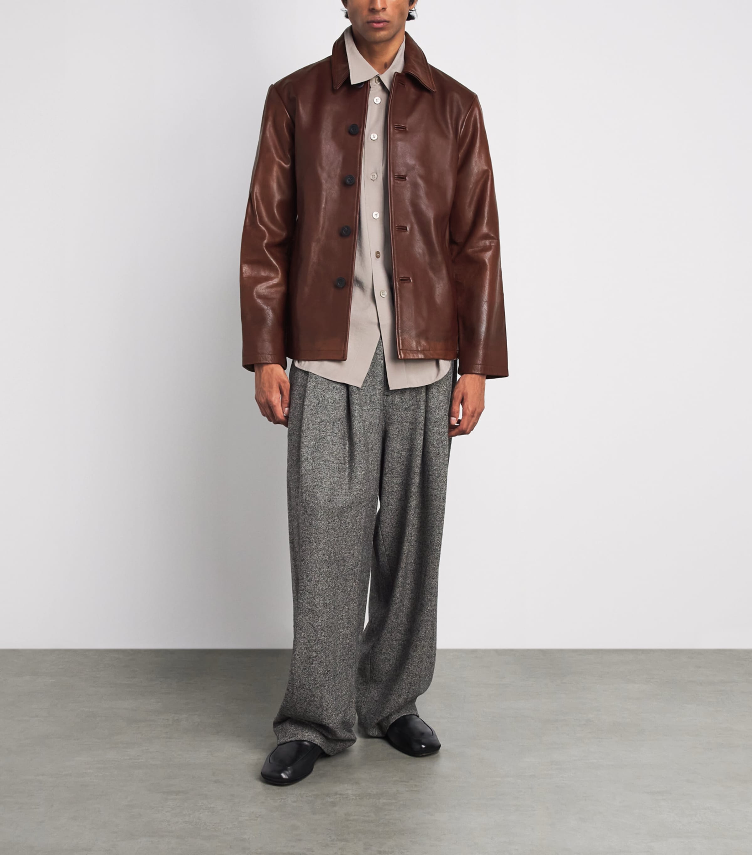 Studio Nicholson Mens Landau Leather Jacket Chestnut Image 2