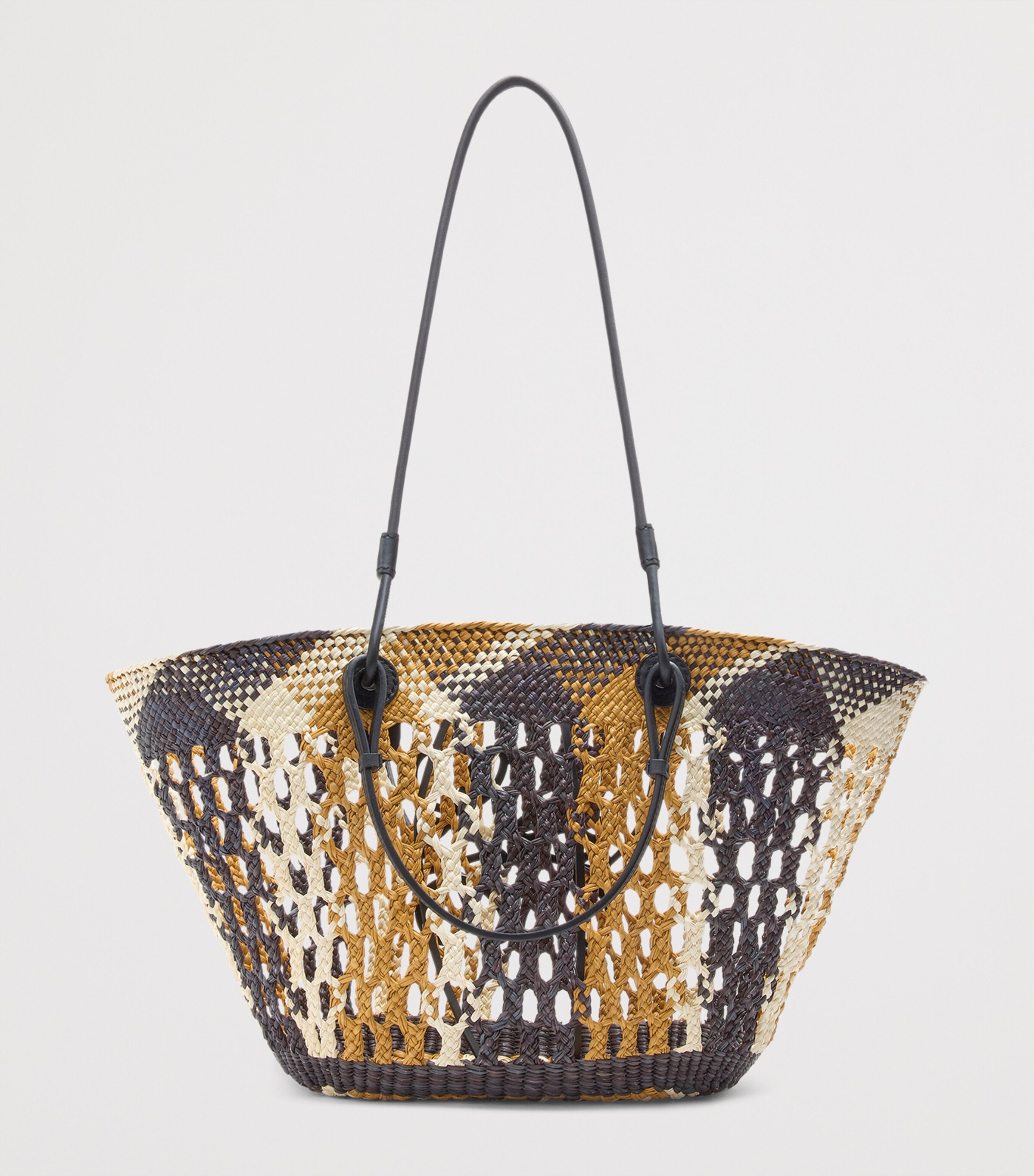 x Paula's Ibiza Medium Woven Anagram Basket Bag CHOCOLATE/OCHRE Image 3