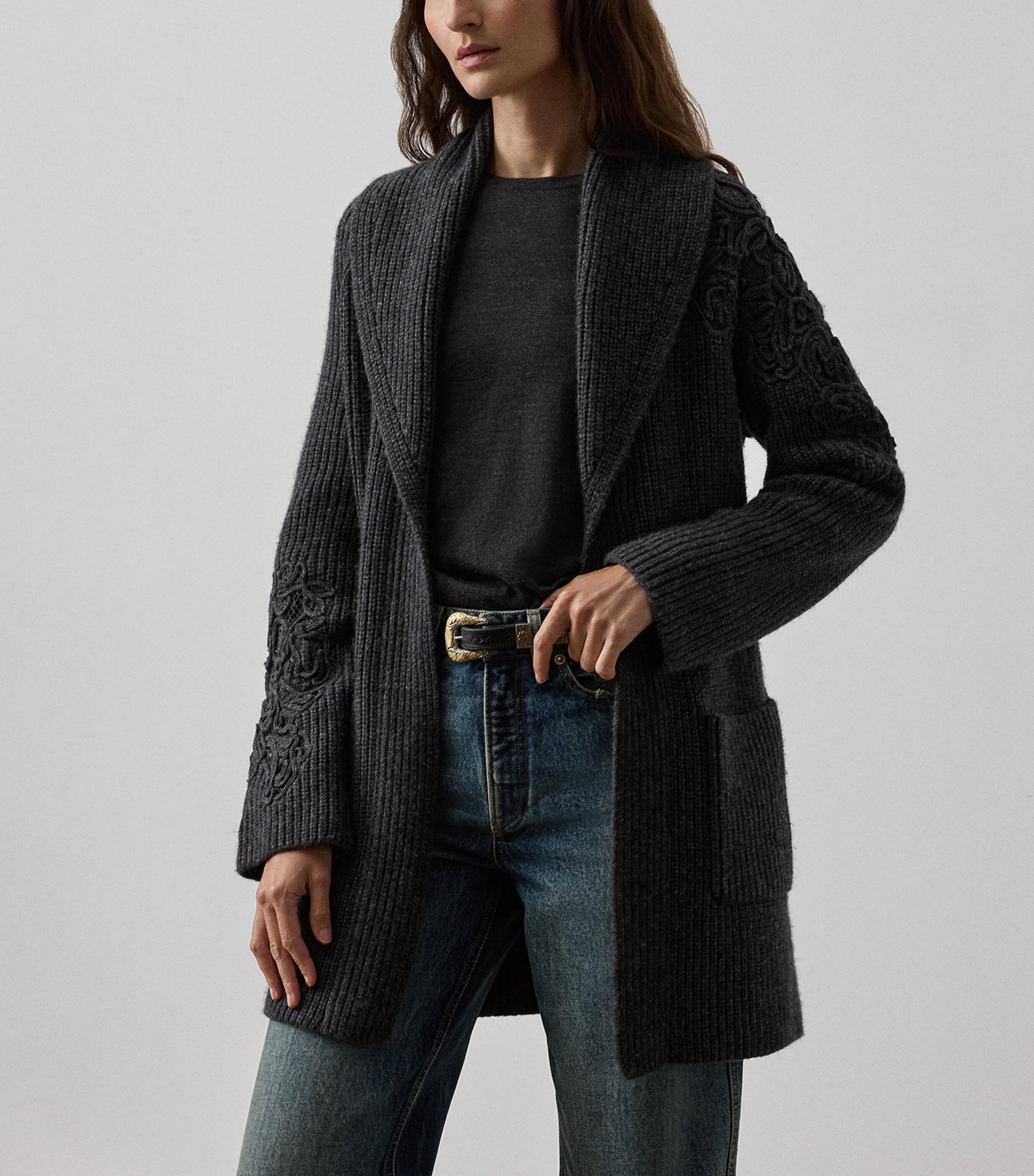 Cashmere Embroidered Cardigan MEDIUM GREY MELANGE Image 6