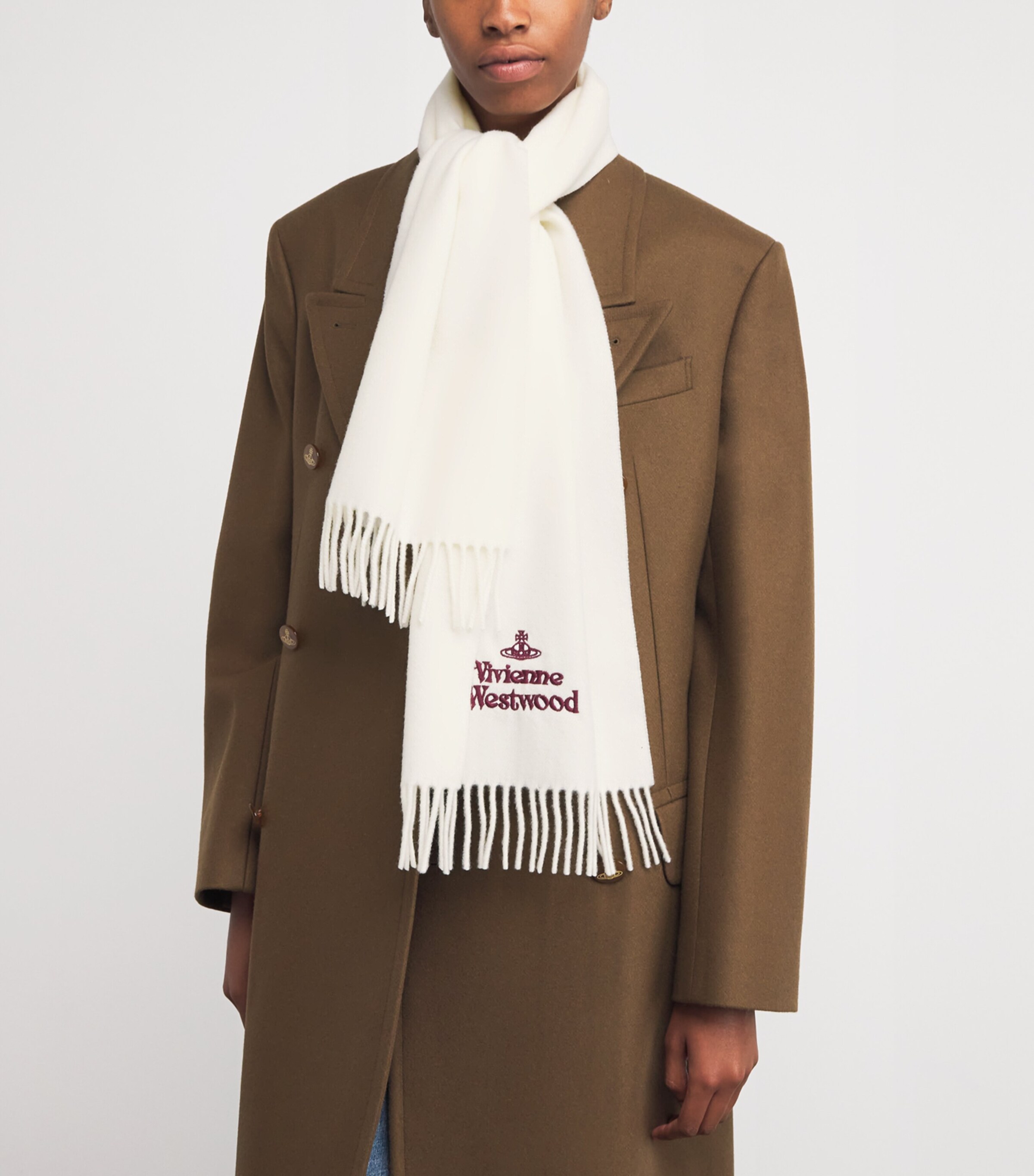 Vivienne Westwood White Wool Embroidered Logo Scarf | Harrods US