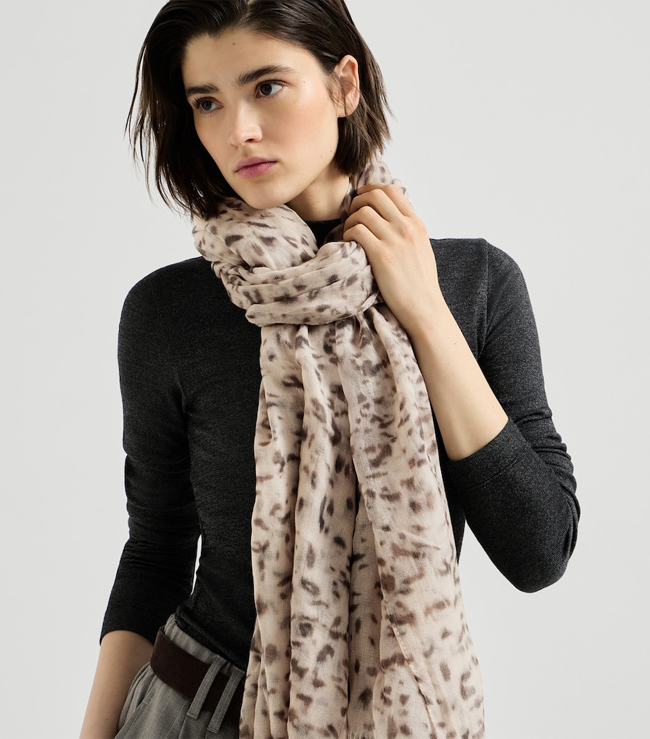 Brunello Cucinelli Womens Cashmere Lynx-Print Scarf Beige+brown Image 2