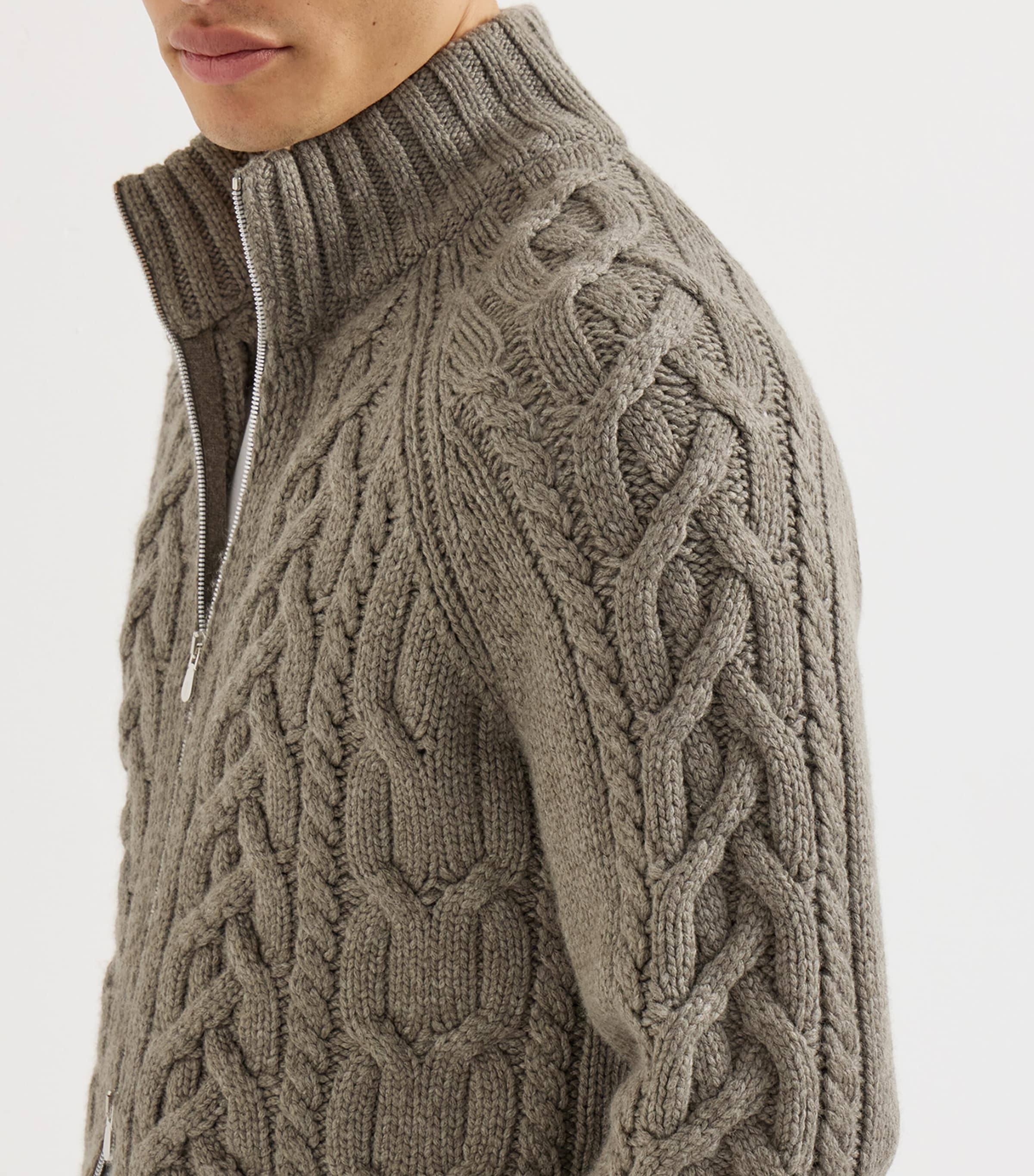Brunello Cucinelli Mens Cashmere Cable-Knit Zip-Up Cardigan Army Washed Image 6