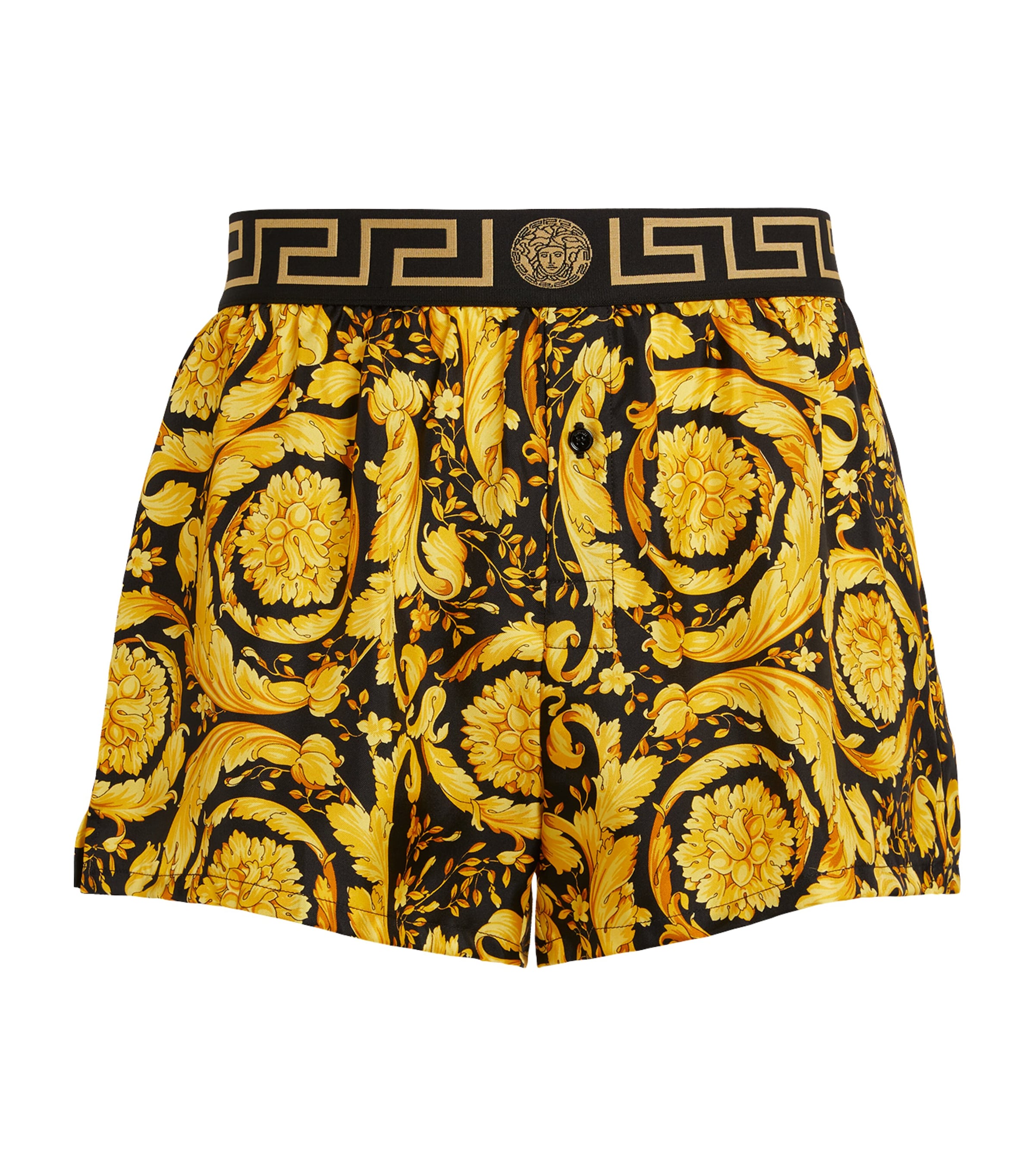 Versace Silk Baroque Boxer Shorts In Gold