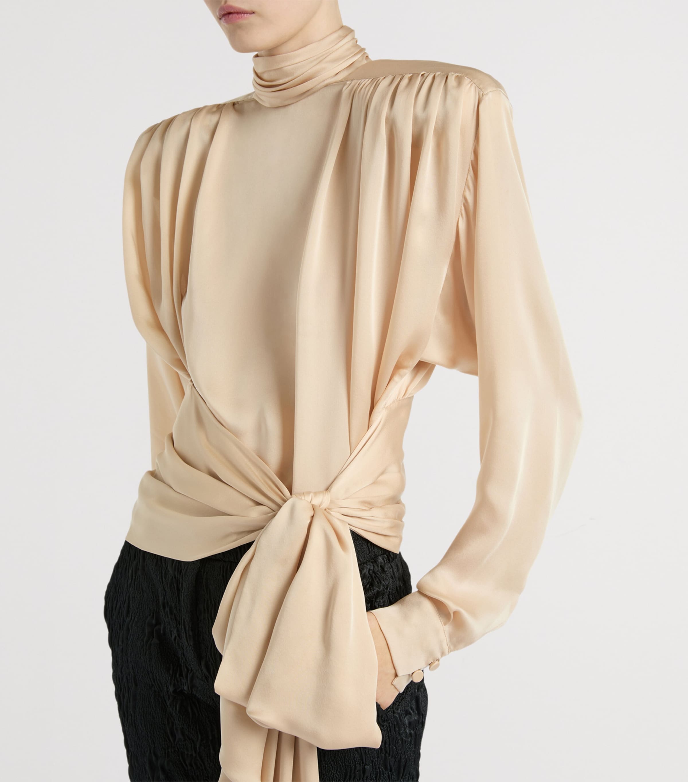 Balmain Womens Silk Charmeuse Gathered Blouse Beige Poudre Image 4