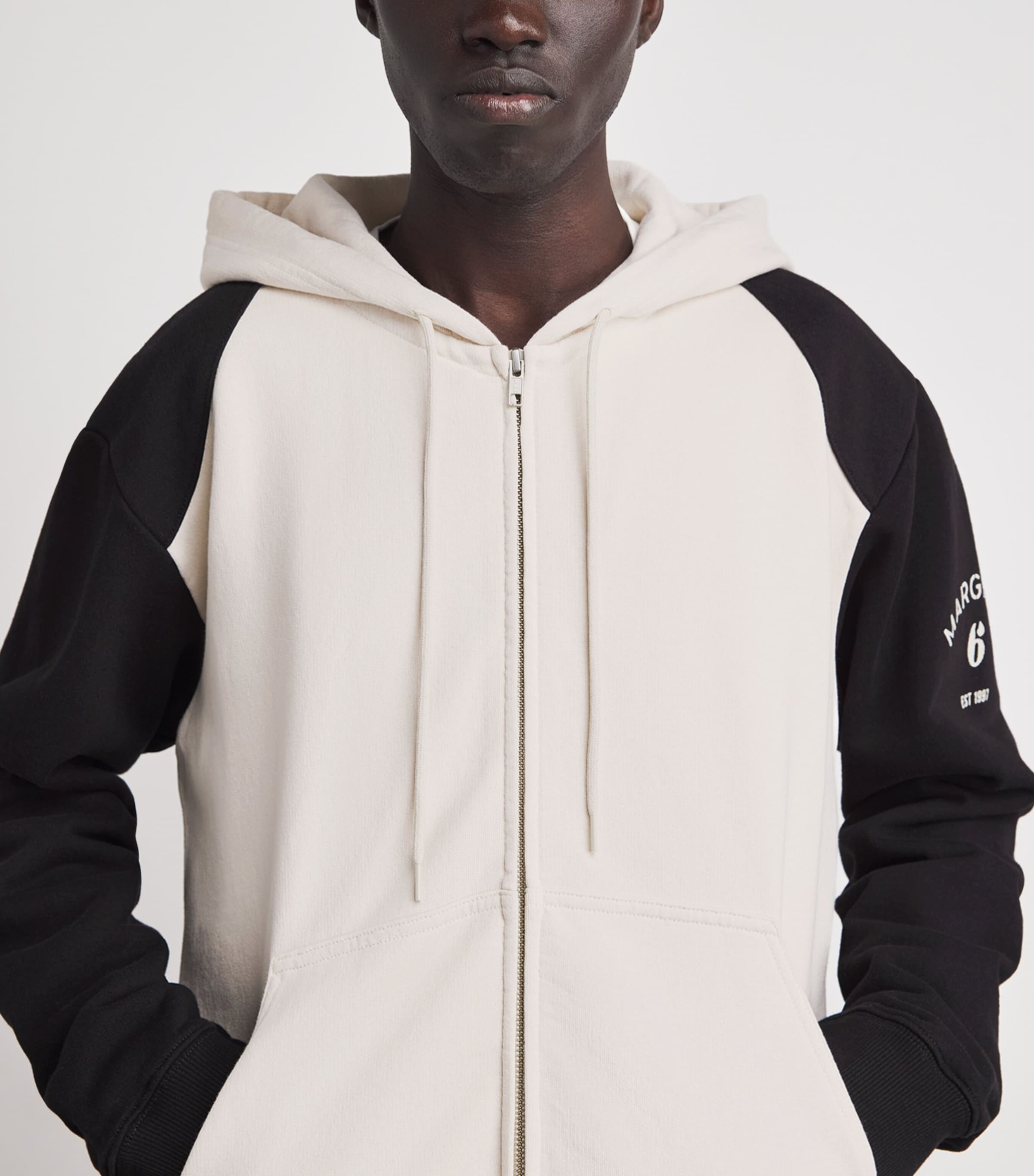 MM6 Maison Margiela Mens Cotton Two-Tone Zip-Up Hoodie Ecru/black Image 3
