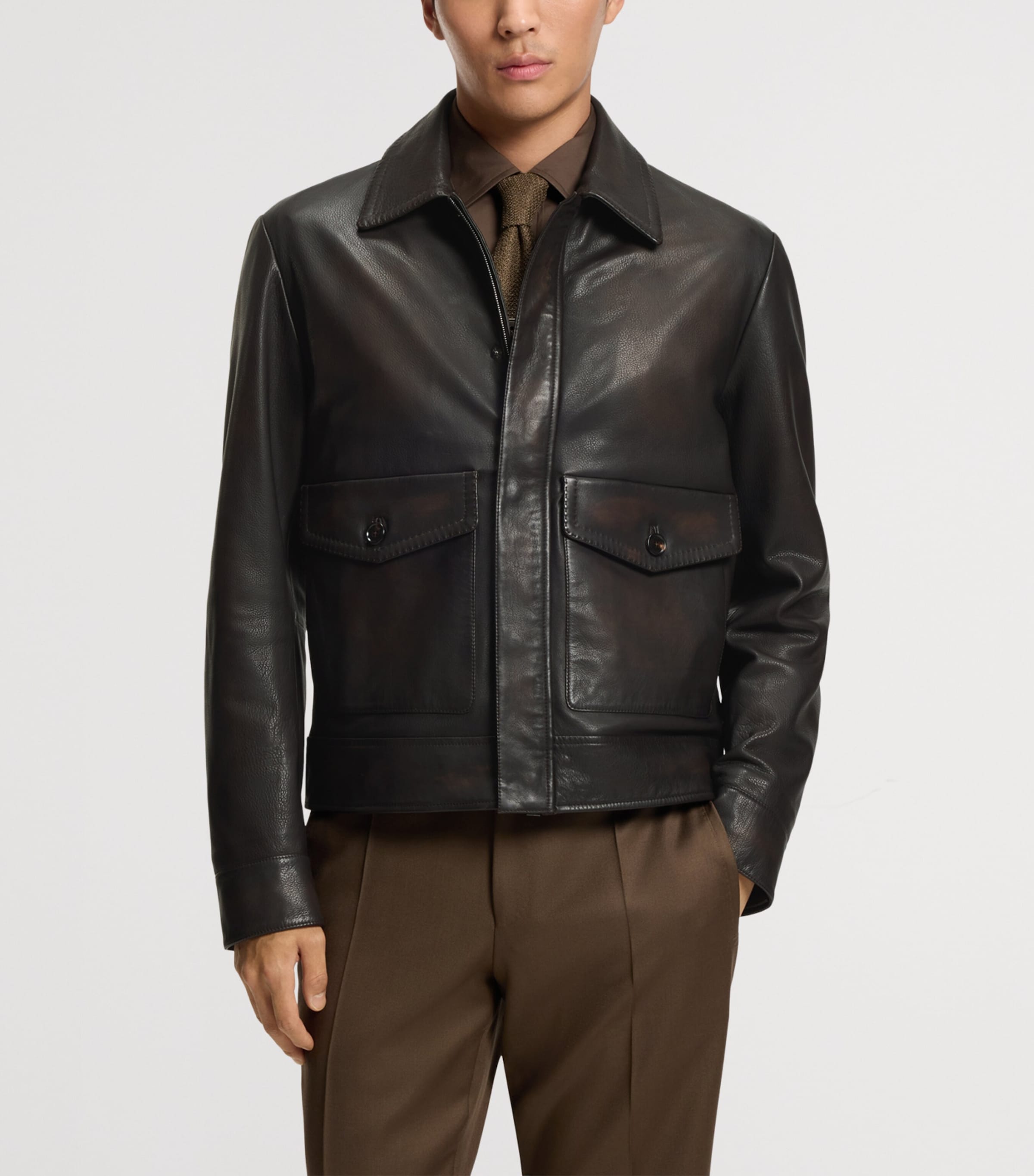 BOSS Mens Calf Leather Aviator Jacket Image 2