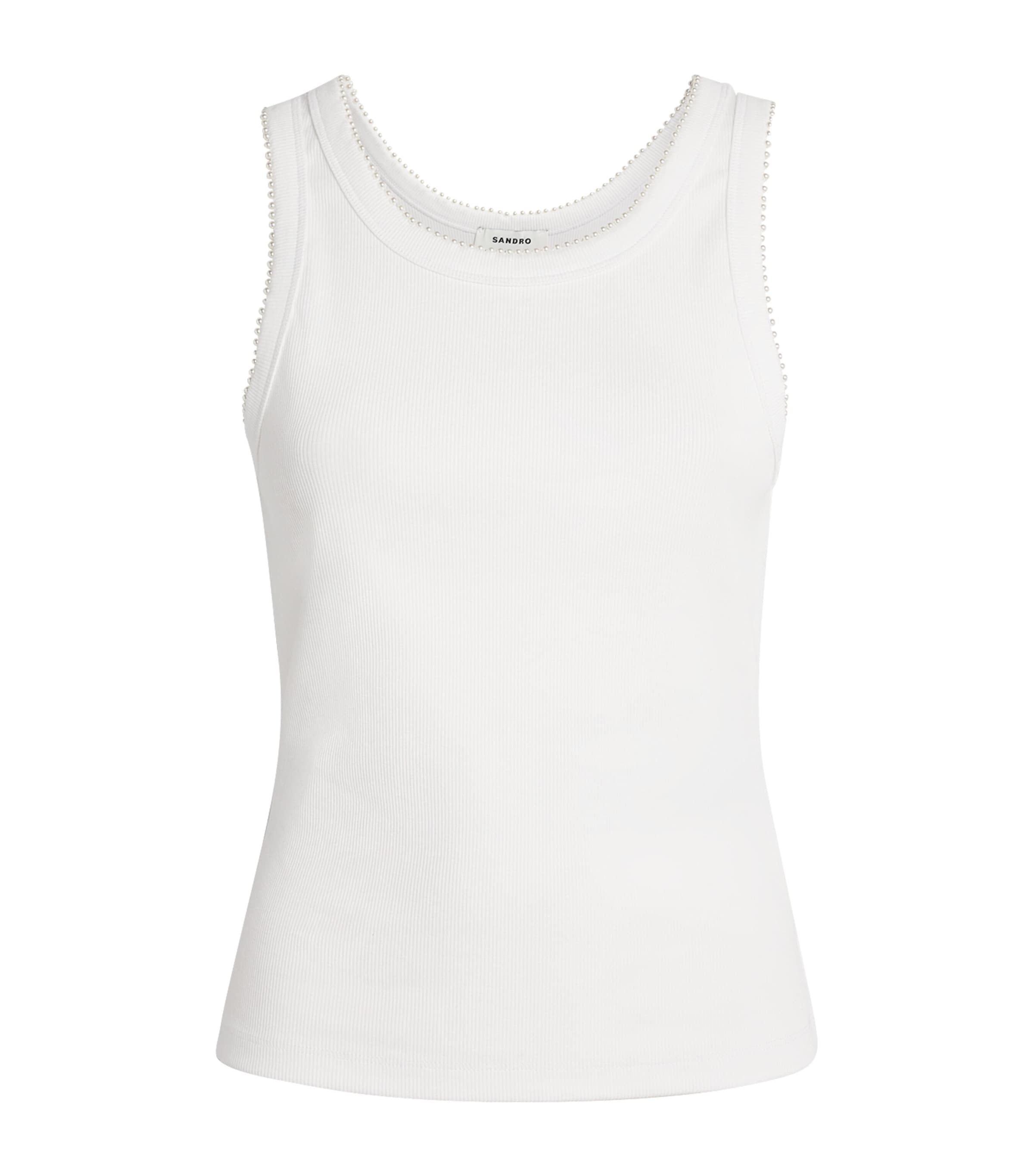 Sandro Paris Womens Stretch-Cotton Beaded Tank Top White Image 1