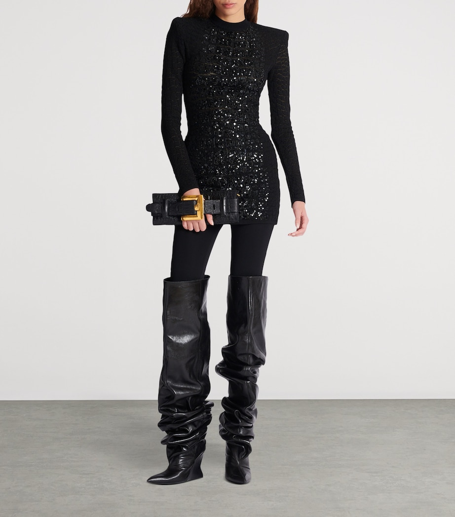 Embellished Crocodile-Knit Mini Dress 0PA NOIR Image 6