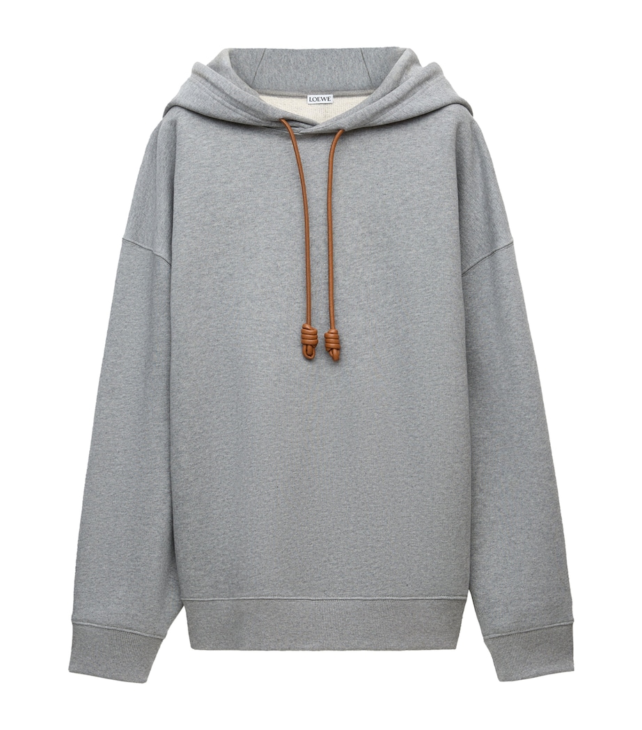 LOEWE Mens Cotton-Blend Leather-Anagram Hoodie Grey Melange Image 1