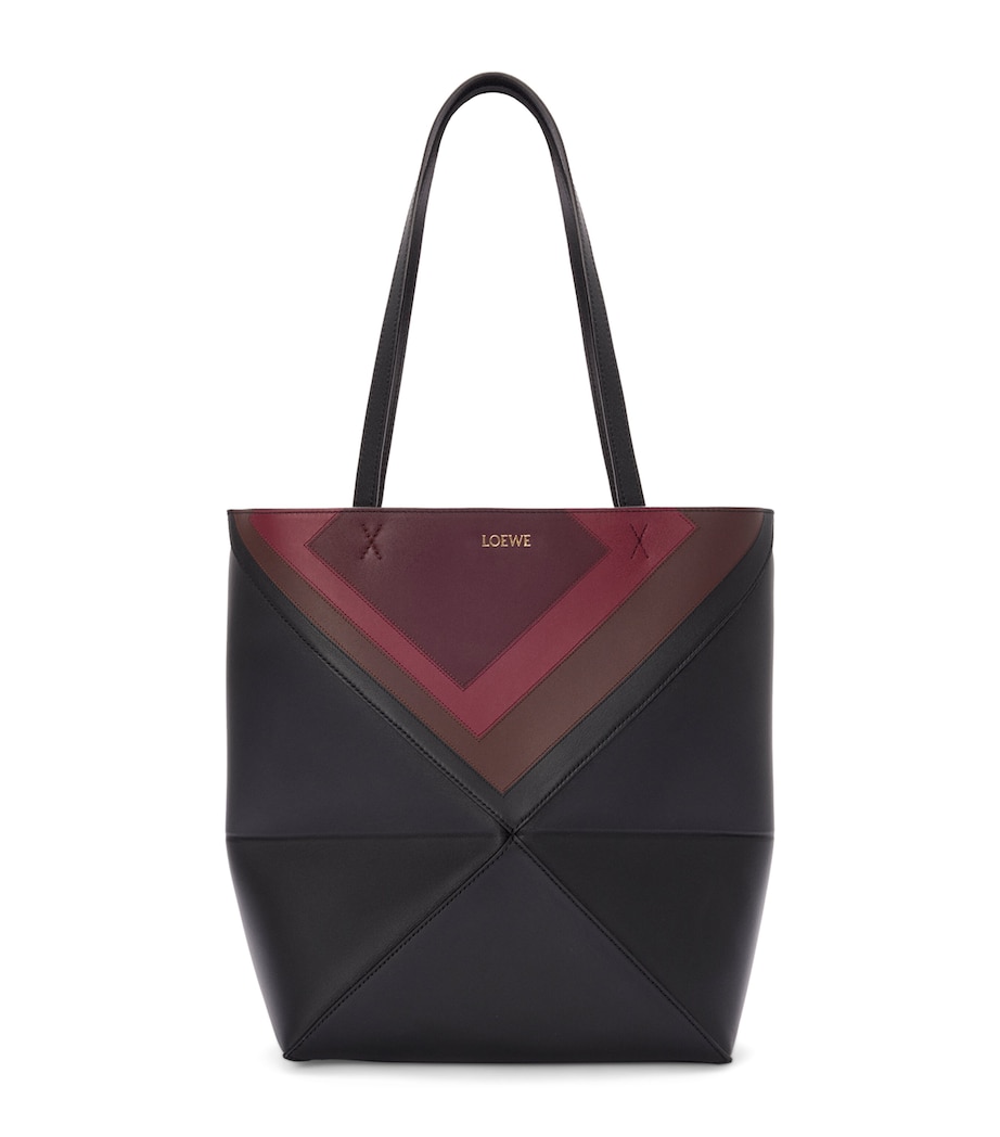 x Albers Medium Leather Puzzle Fold Tote Bag BLACK/BURGUNDY Image 1
