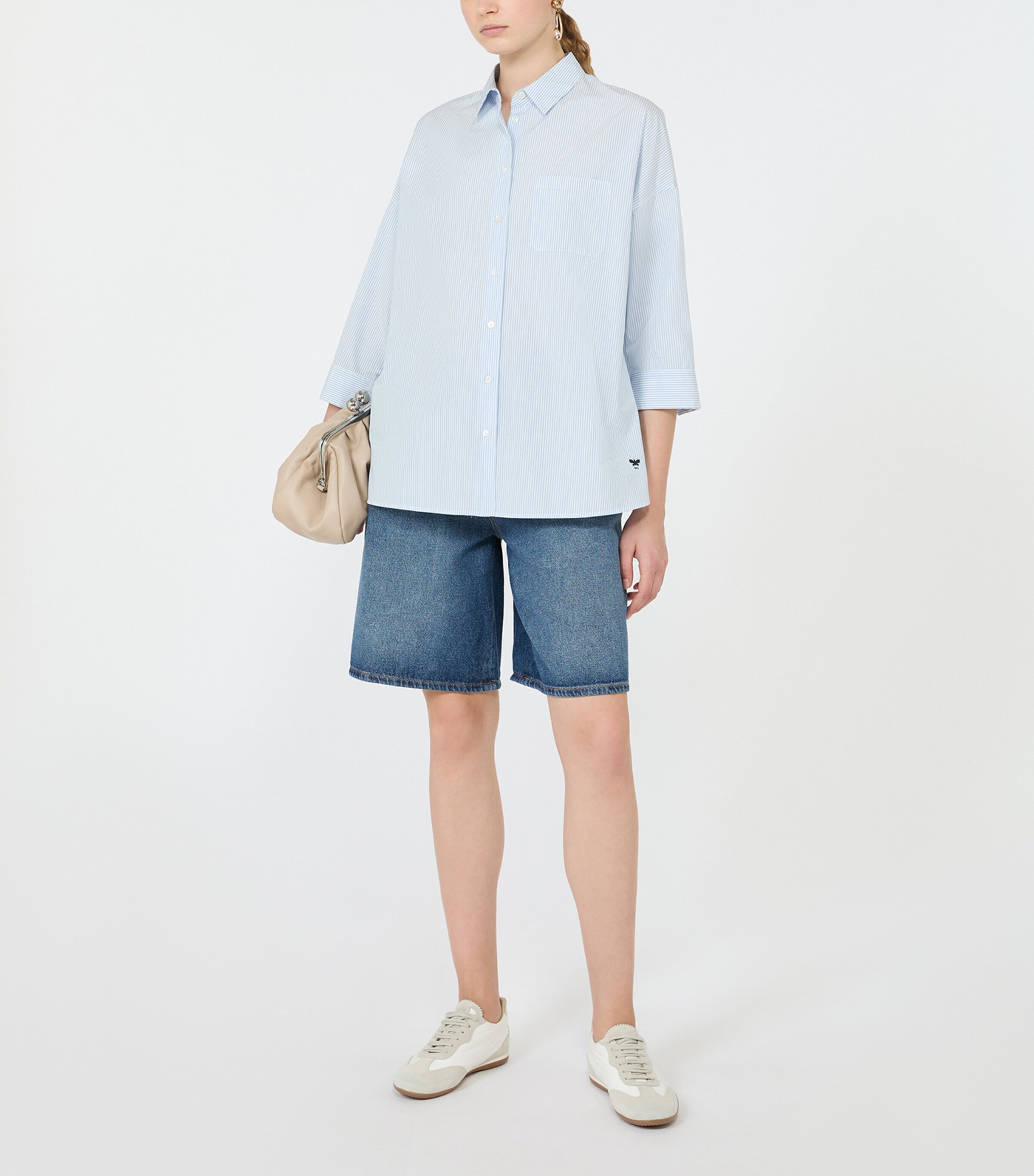 Weekend Max Mara Womens Cotton Stripe Cropped-Sleeve Shirt Light Blue Image 2