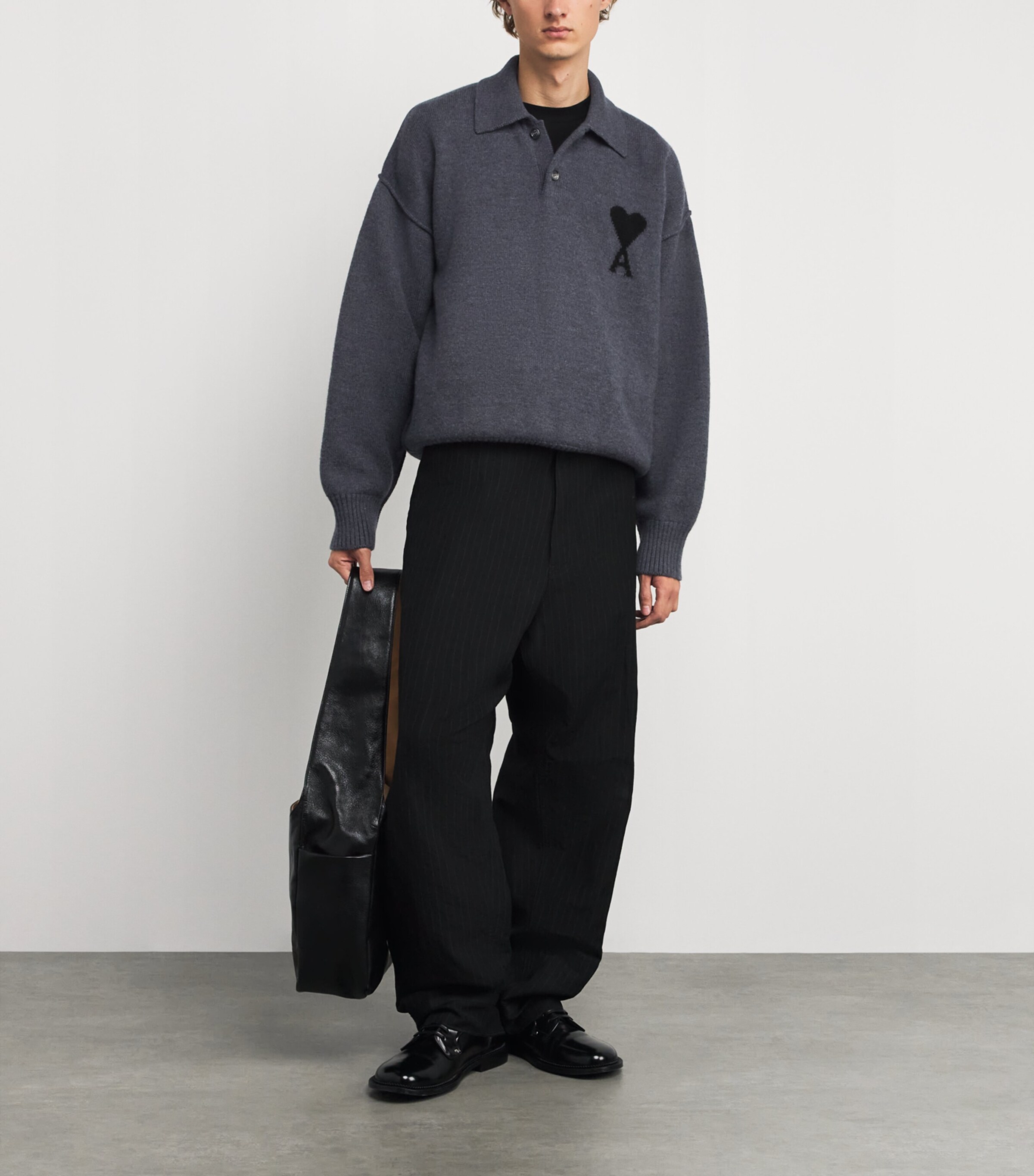 Wool Ami de Coeur Polo Sweater 0504 - GRIS CHINE/ NOIR Image 2