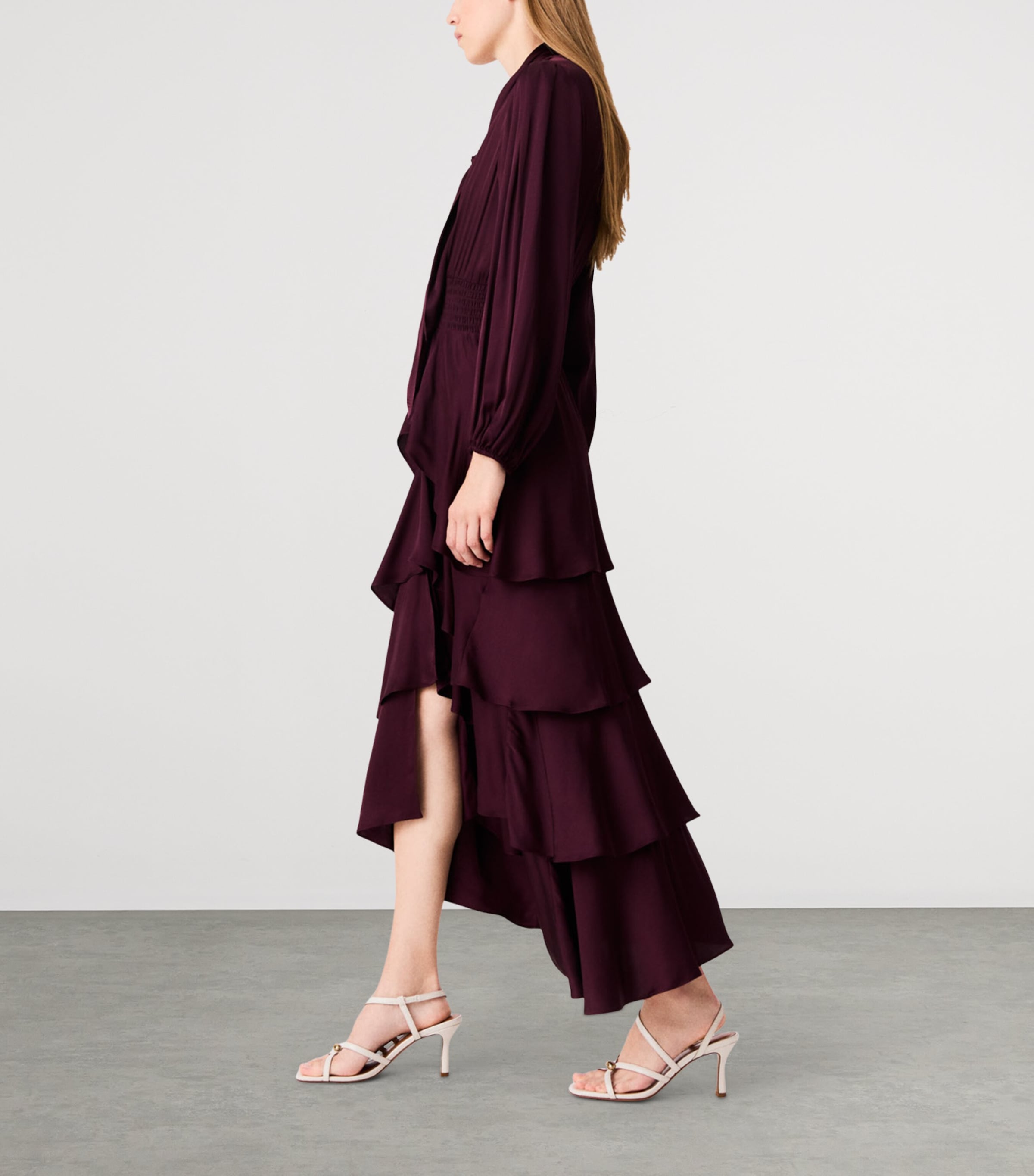 Maje Womens Tiered Pussybow Midi Dress Burgundy Image 3