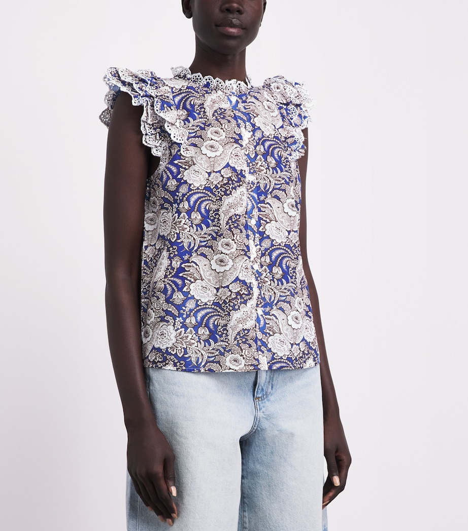 ME+EM Womens Cotton Ruffle Printed Blouse Blue Multi Image 4