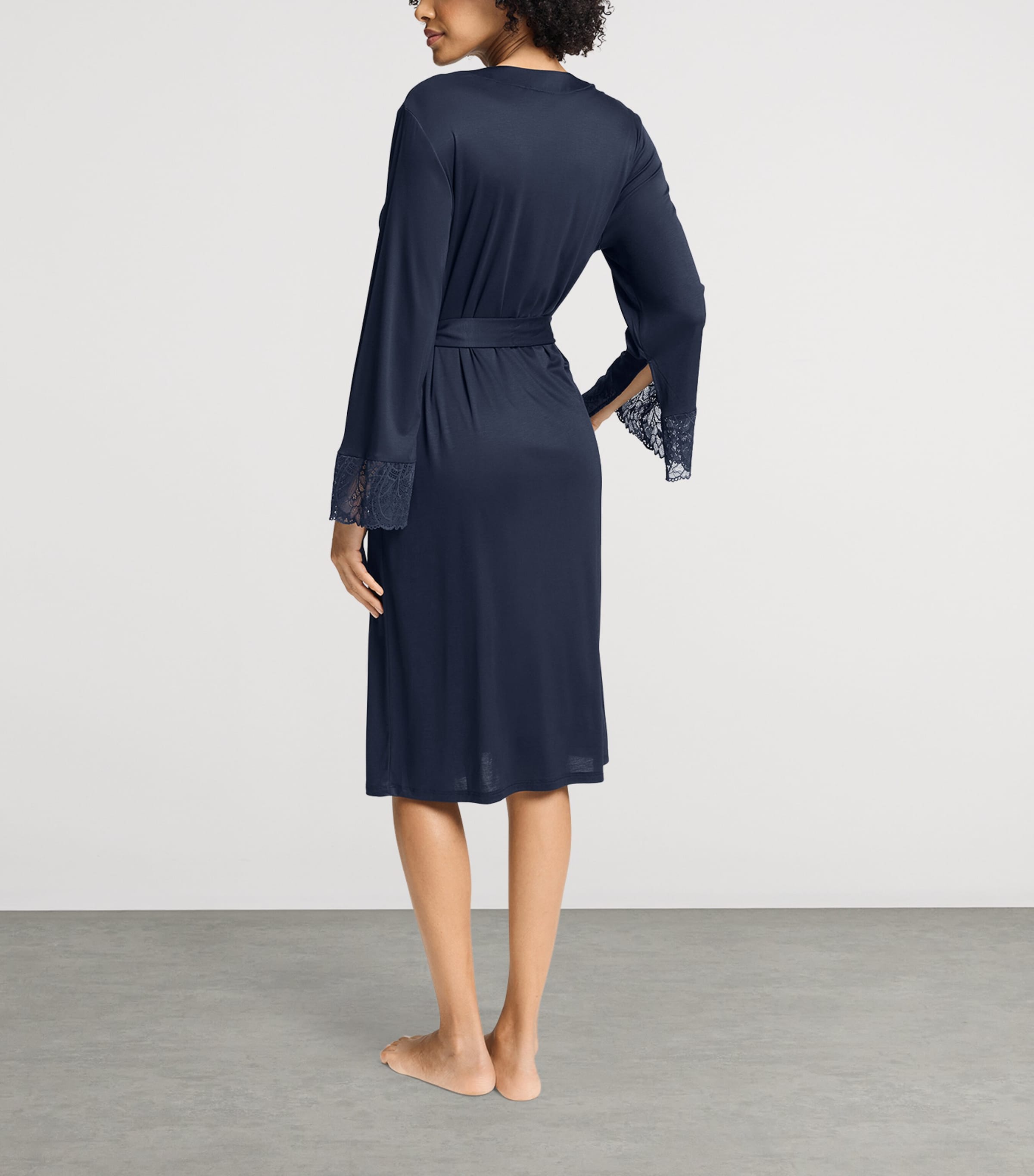 Hanro Womens Modal Lace-Trim Robe Deep Navy Image 4