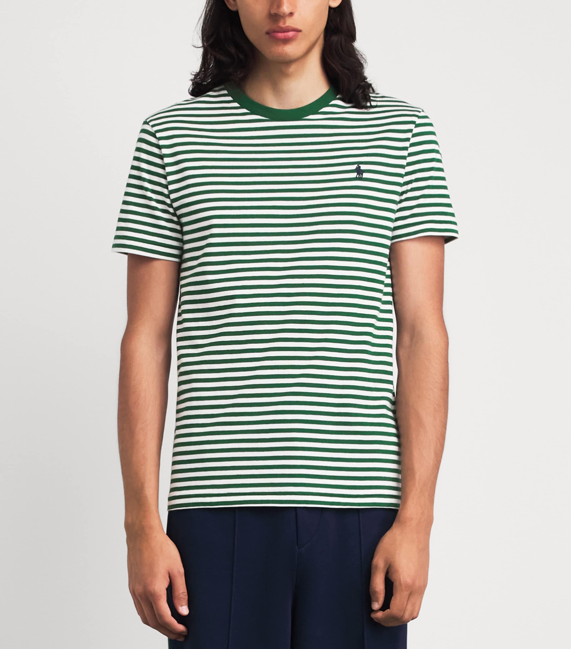 Polo Ralph Lauren Mens Cotton Stripe Polo Pony T-Shirt New Forest/white Image 4