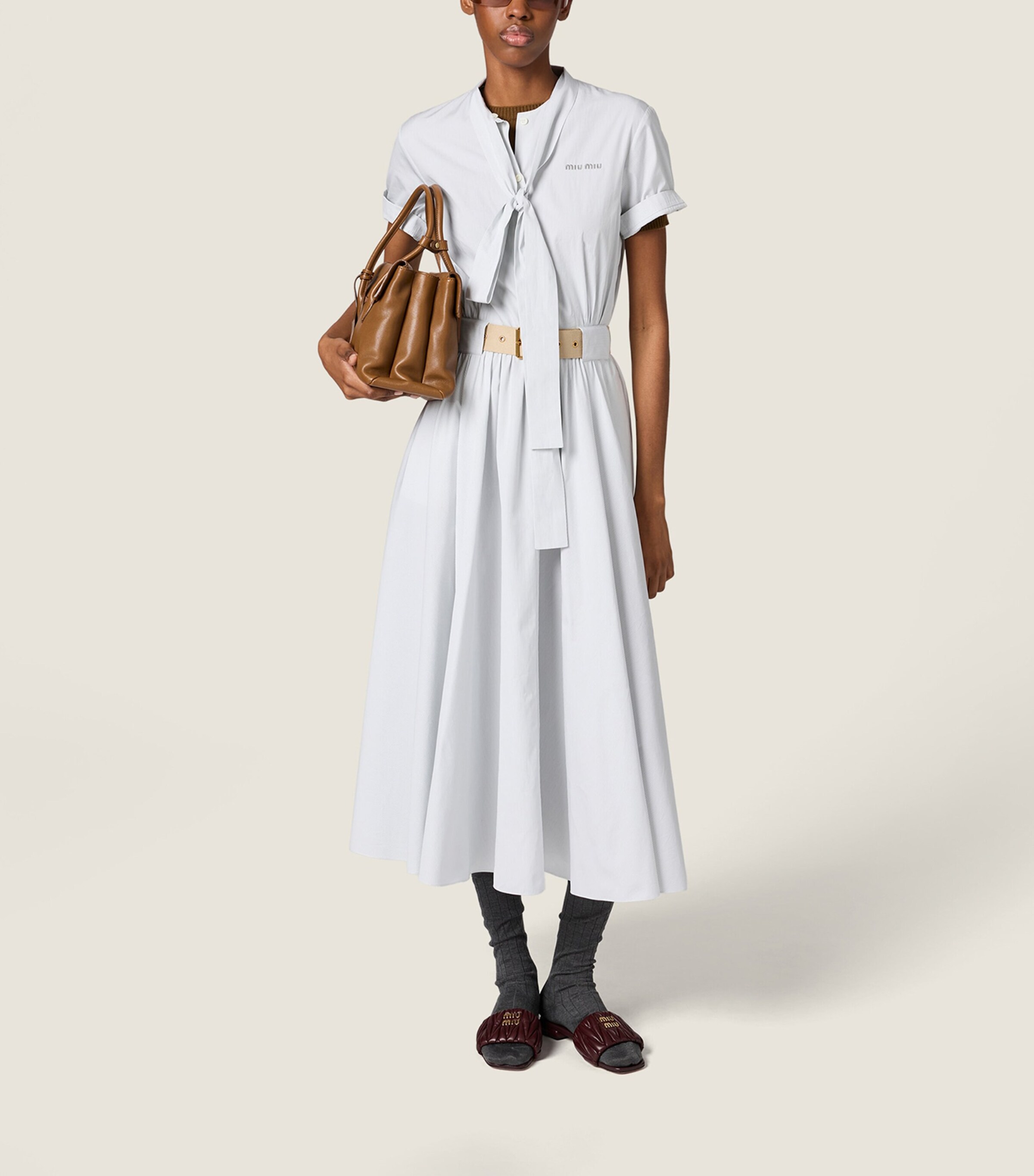 Miu Miu Womens Cotton Pinstripe Belted Midi Dress Image 2