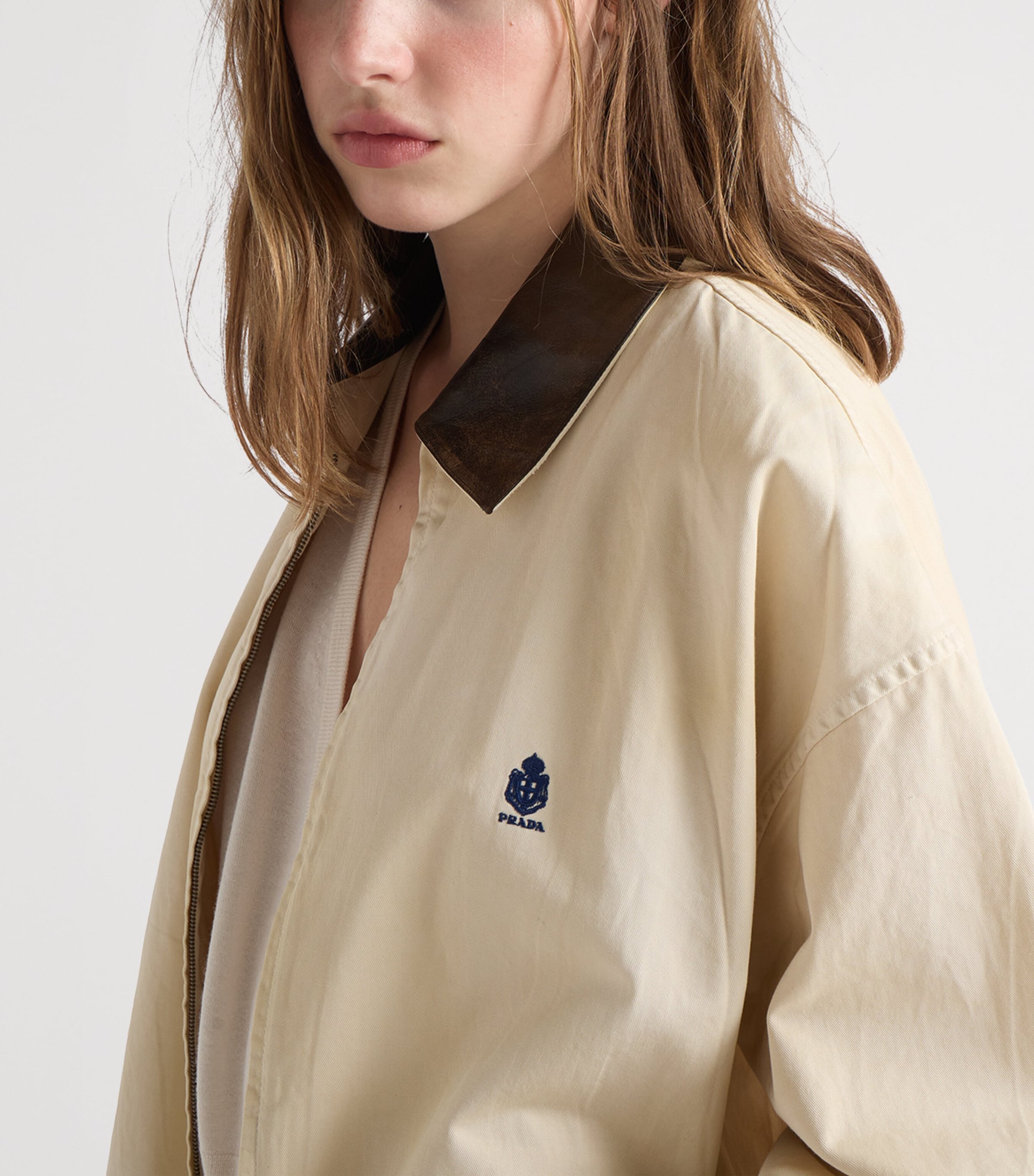 Prada Womens Leather-Trim Canvas Bomber Jacket Neutral Image 4