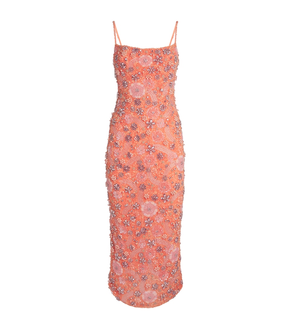 Rachel Gilbert Embellished Francesca Flower Midi Dress Peach