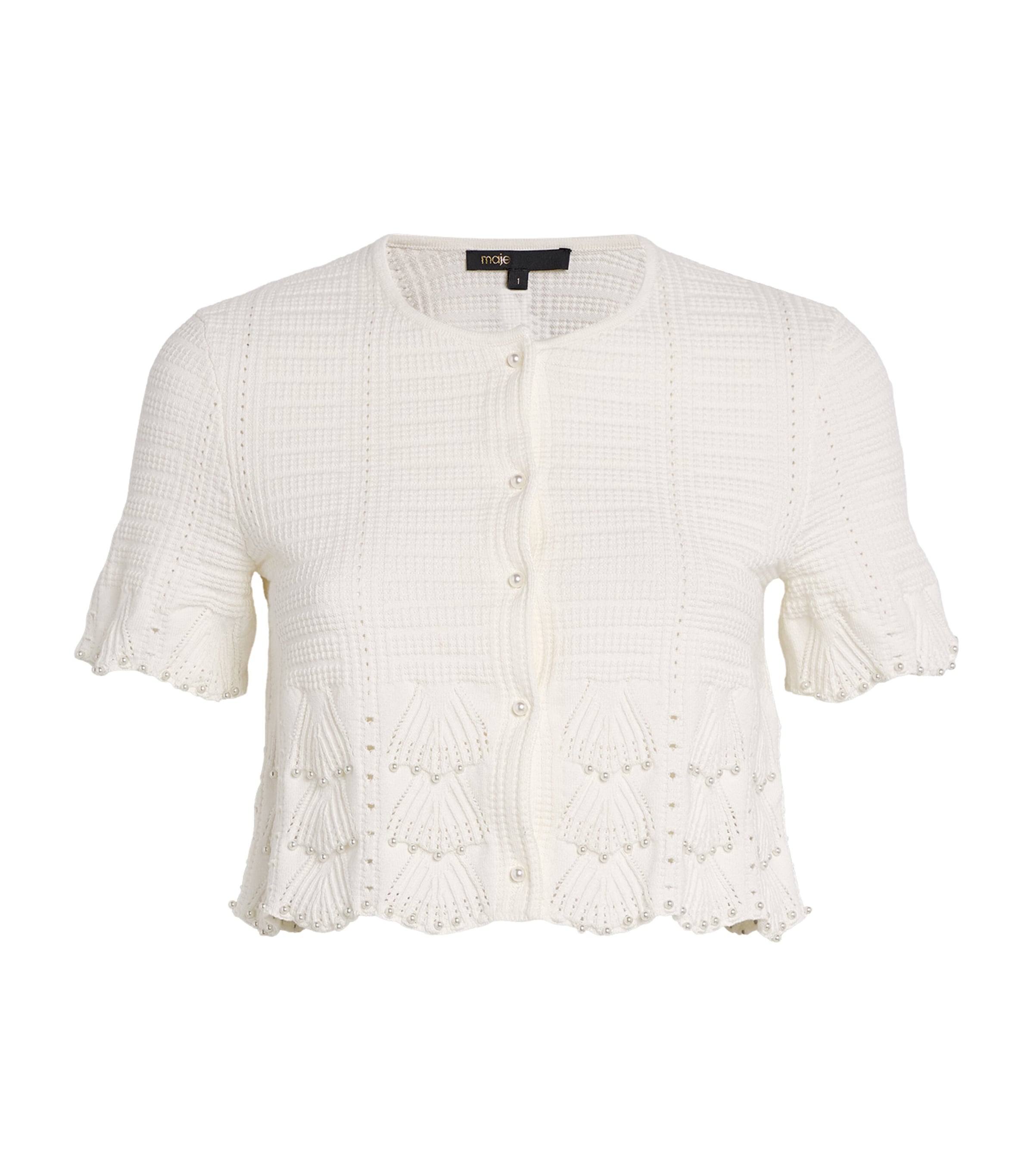 Maje Pointelle Beaded Cropped Cardigan In White