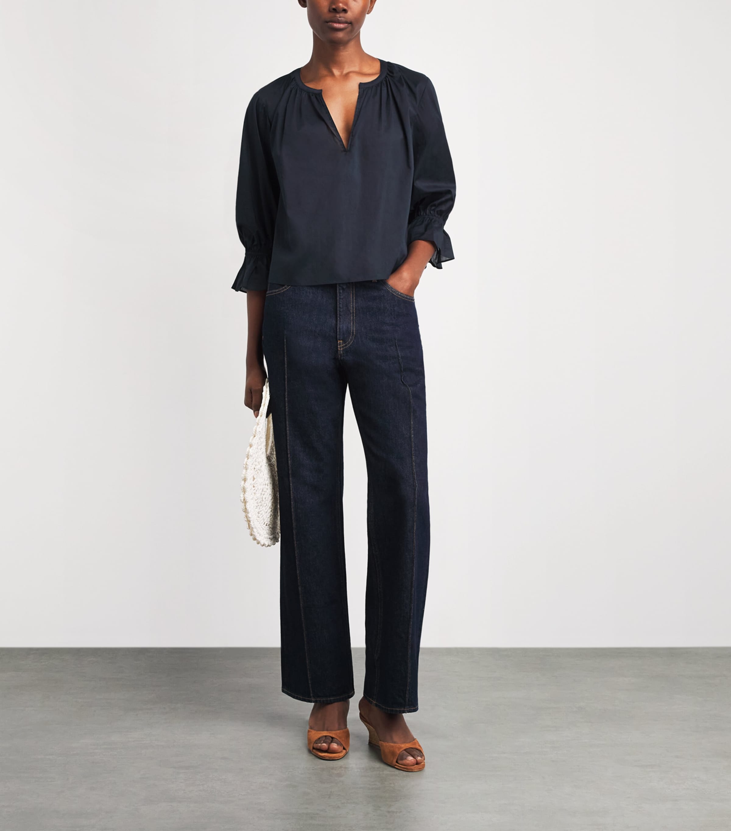 FRAME Womens Cotton Poet Blouse Navy Image 2