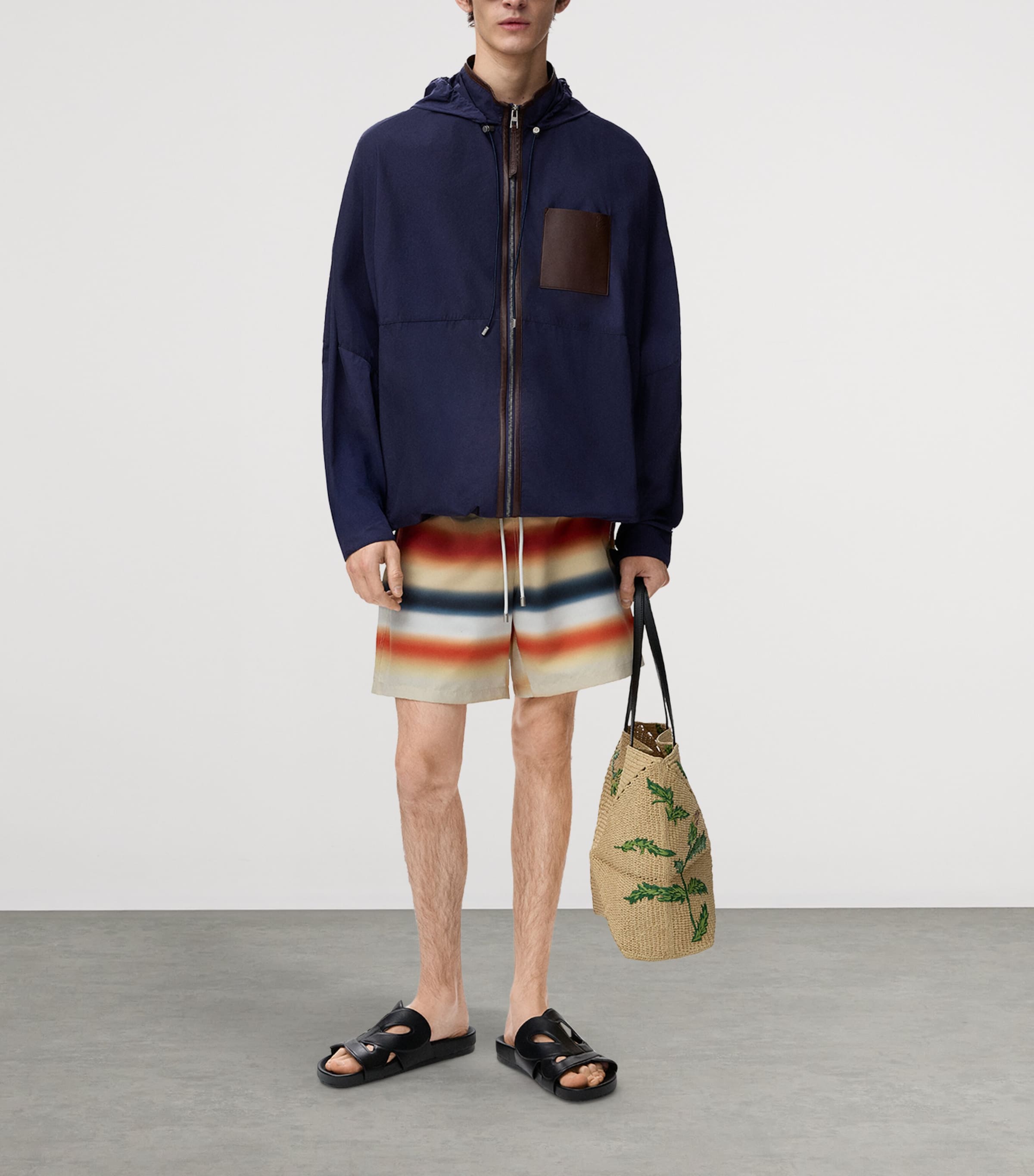 LOEWE Mens x Paula's Ibiza Leather-Trimmed Hooded Jacket Navy/brown Image 2