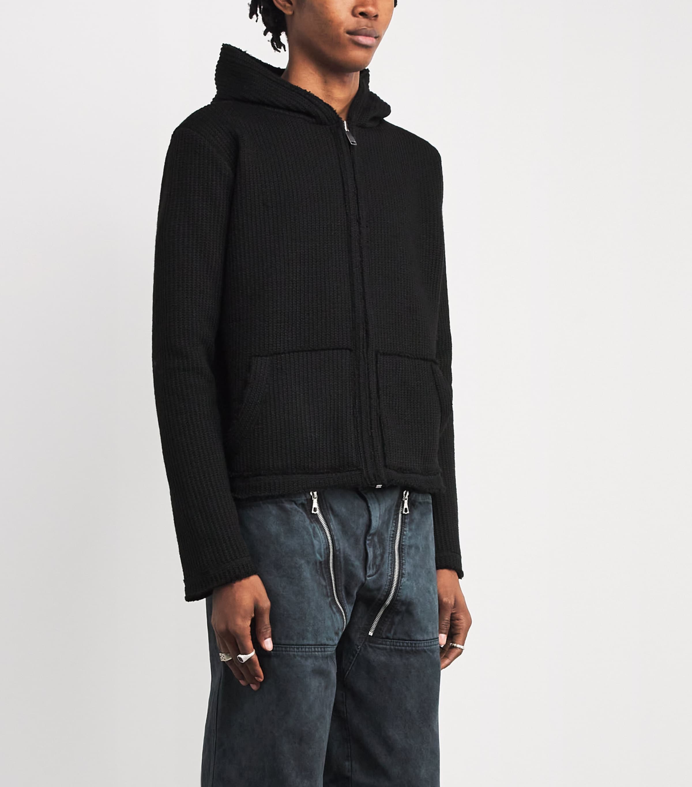 Ribbed Zip-Up Hoodie BLACK Image 3