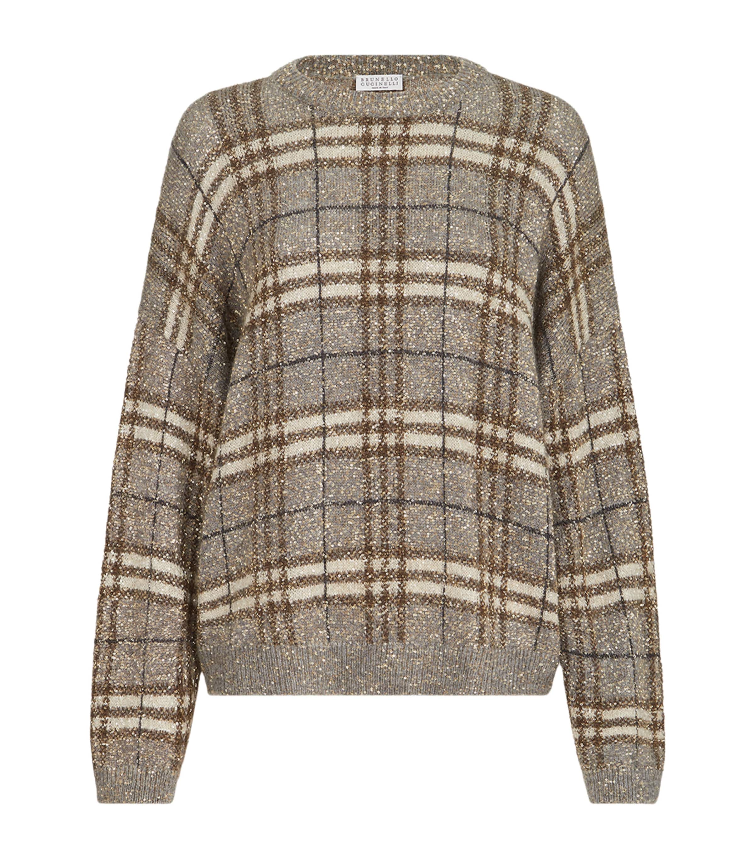 Brunello Cucinelli Womens Sequin Check Sweater Grey+brown Image 1