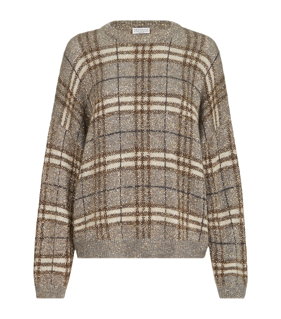 Brunello Cucinelli Womens Sequin Check Sweater Grey+brown Image 1