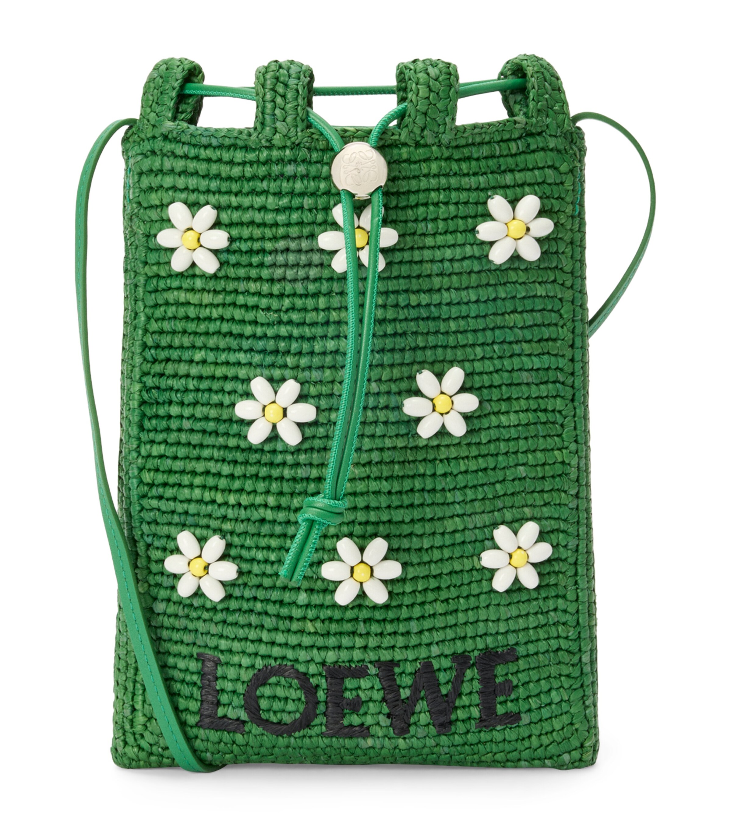 Loewe Drawstring Pocket Flower Crossbody Bag In Raffia In Green